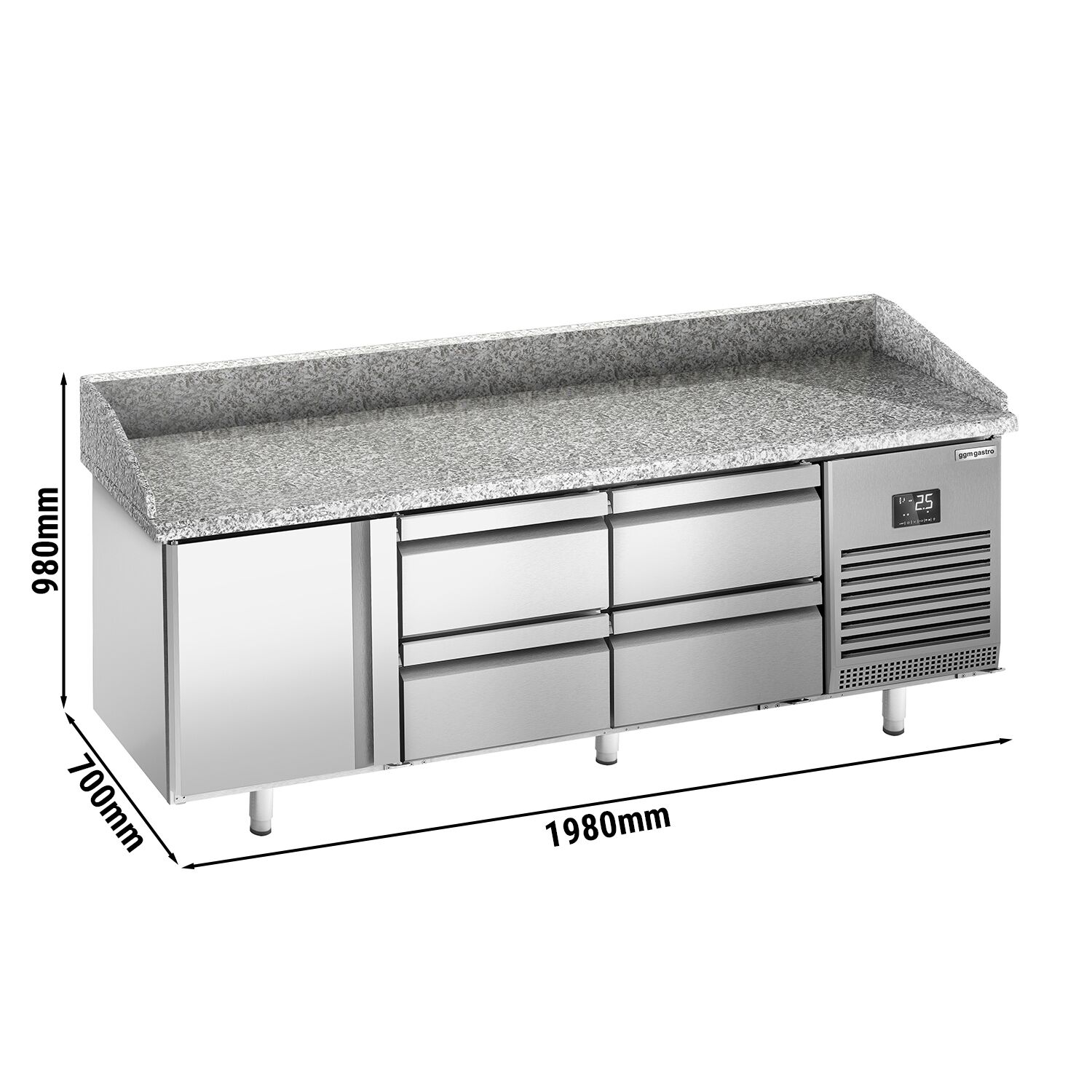 Commercial Pizza Prep Counter - Granite Top PREMIUM PLUS - 1980x700mm - with 1 doors & 4 drawers