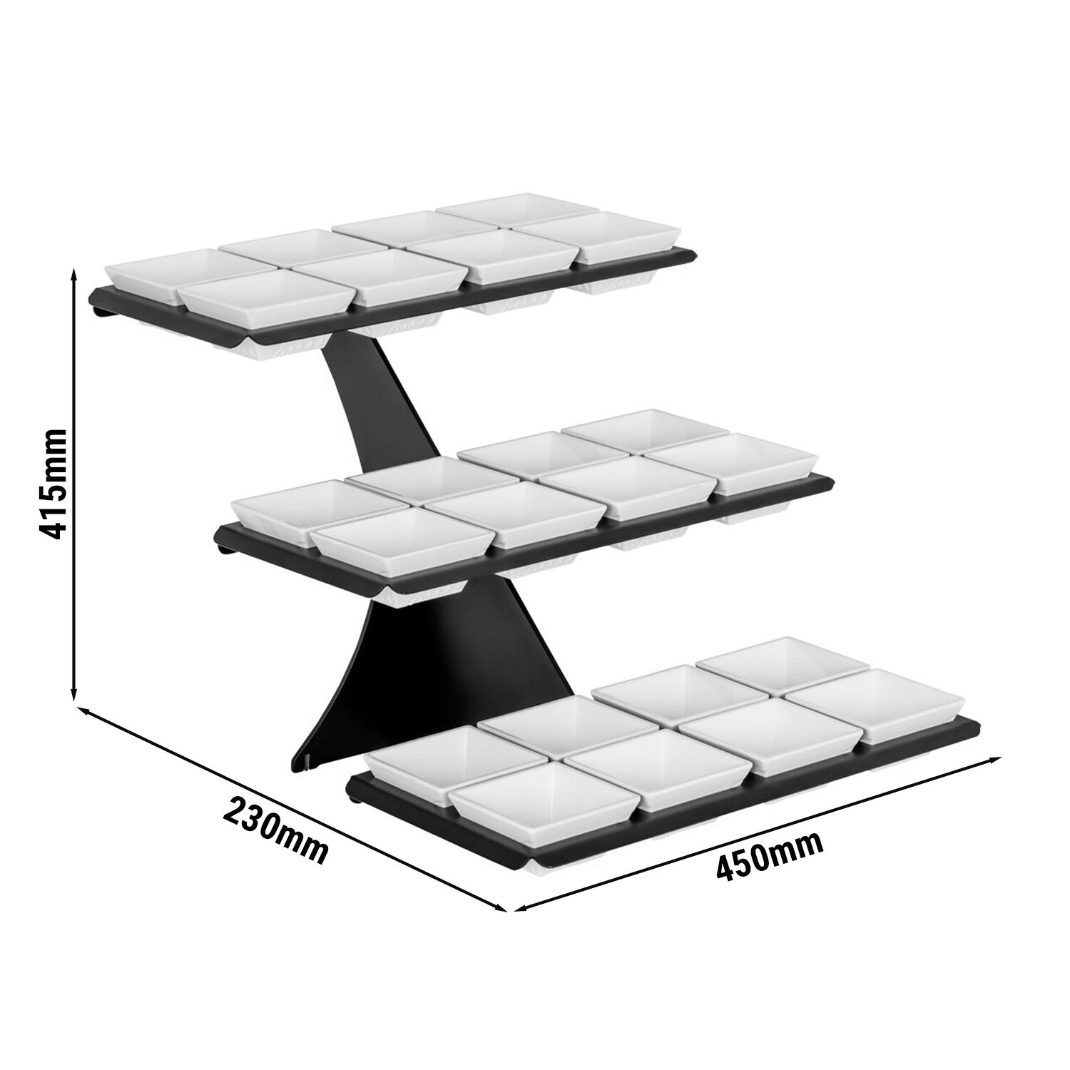 Etagere / Buffet Stand - Black - square - Height: 420mm - incl. 24 Melamine bowls 100x100mm - with 3 shelves - Powder-coated stainless steel & Melamine