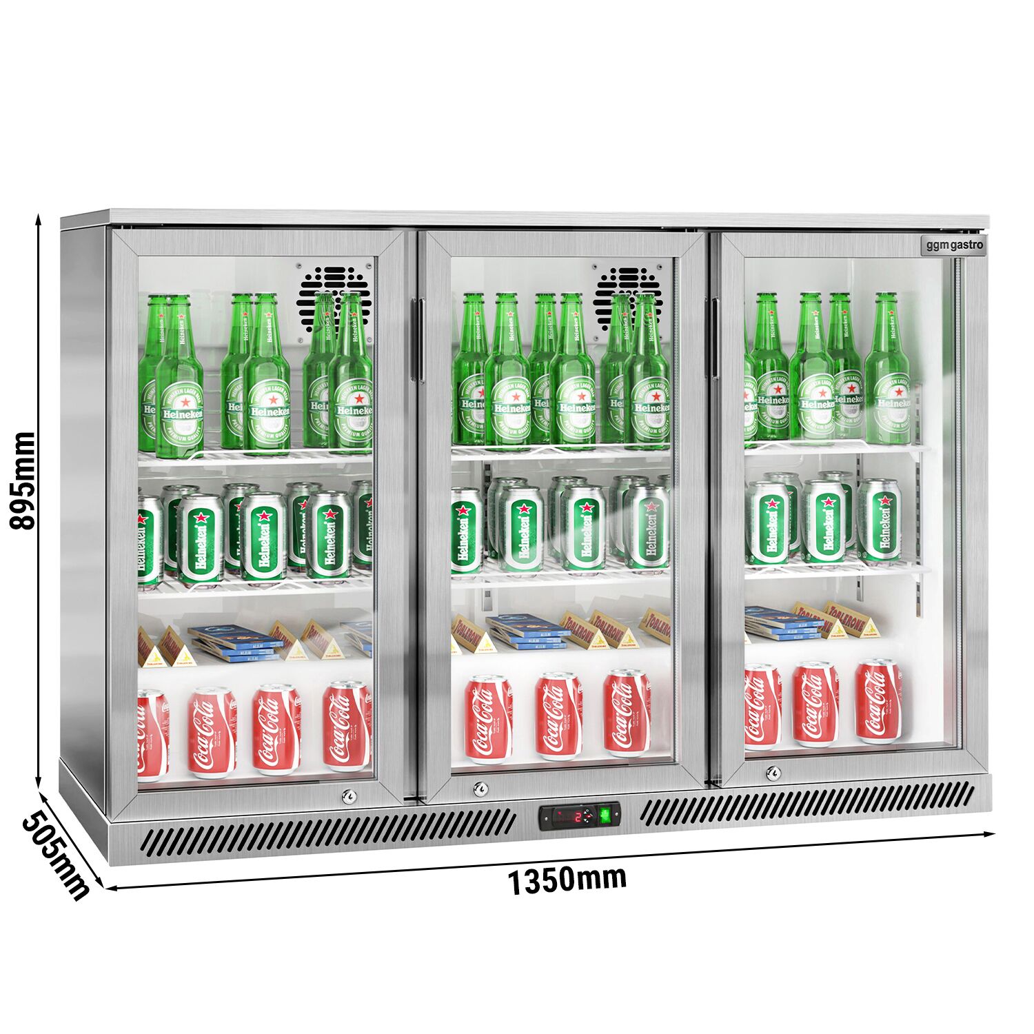 Réfrigérateur de bar – 1350 mm – 320 litres – avec 3 portes vitrées battantes – en inox