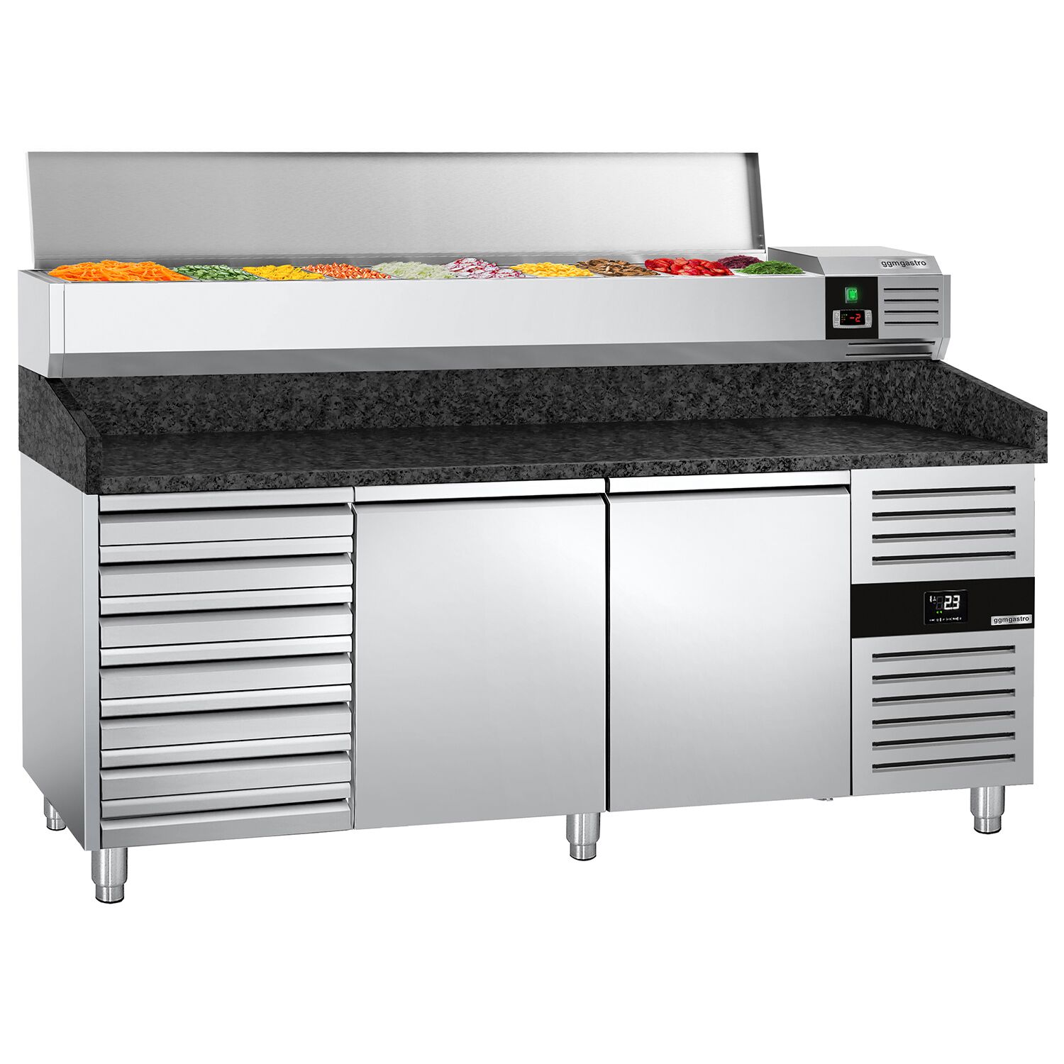 Table réfrigérée à pizza PREMIUM - 2000x800 mm - avec 2 portes & 7 tiroirs - incl. vitrine réfrigérée - 10x GN 1/4