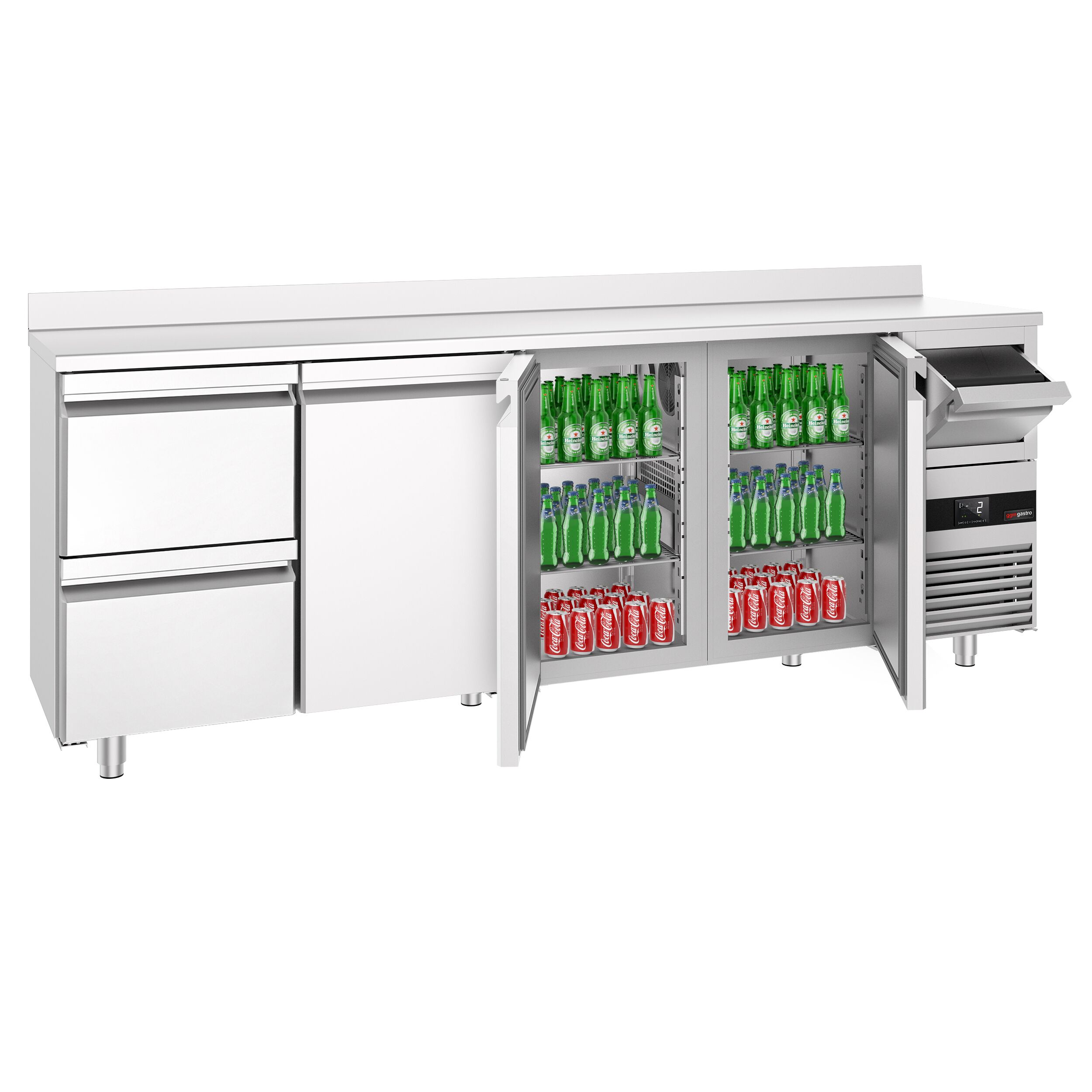 Arrière-bar réfrigéré professionnel  PREMIUM - 2690 x 600 mm - avec 3 portes et 2 tiroirs - avec dosseret - avec tiroir à marc de café