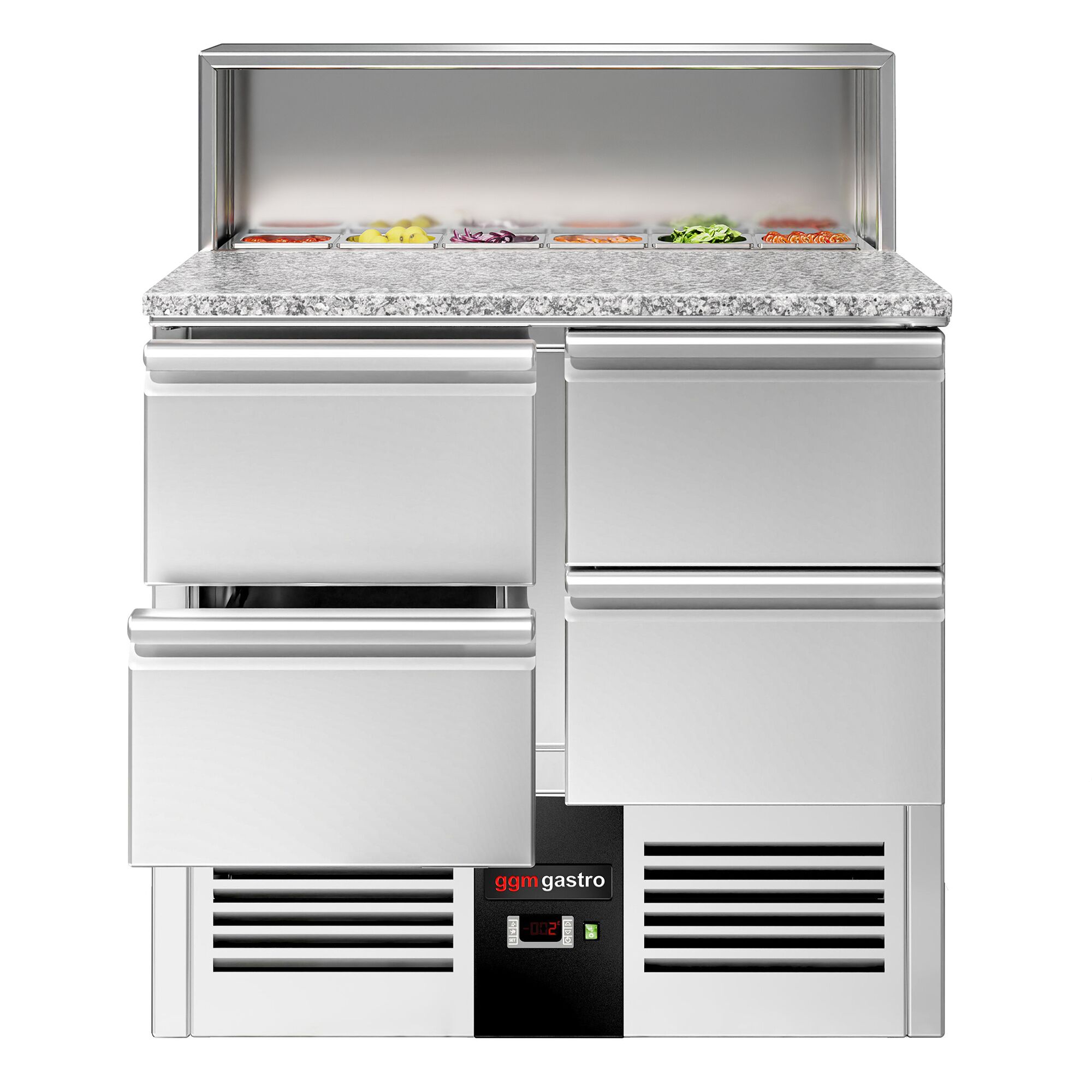 Saladette réfrigérée PREMIUM - 903mm - 240L - 4 tiroirs - pour 5x GN 1/6 - plan de travail en granit noir