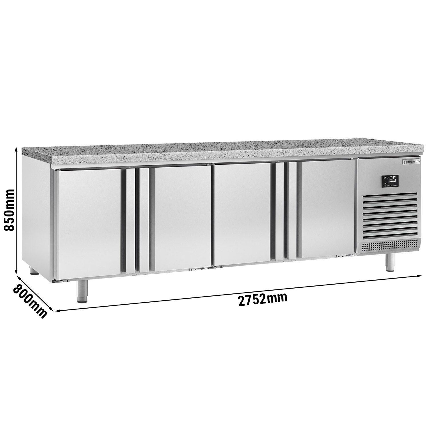 Table réfrigérée de boulangerie PREMIUM PLUS - 2752x800 mm - 4 portes & plan de travail en granit