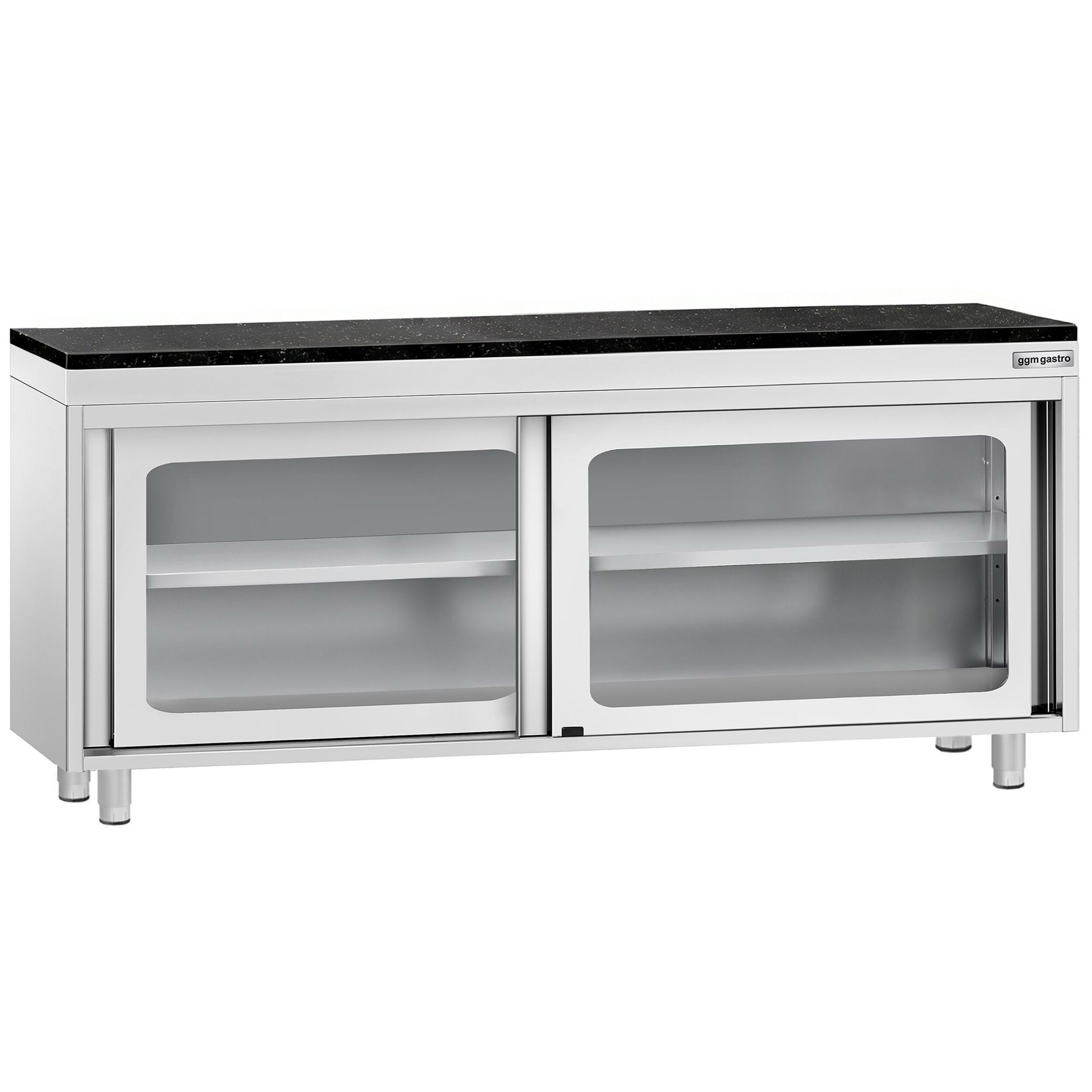 Roestvrijstalen werkkast PREMIUM - 2000 x 600 mm - met glazen schuifdeur - incl. granieten werkblad