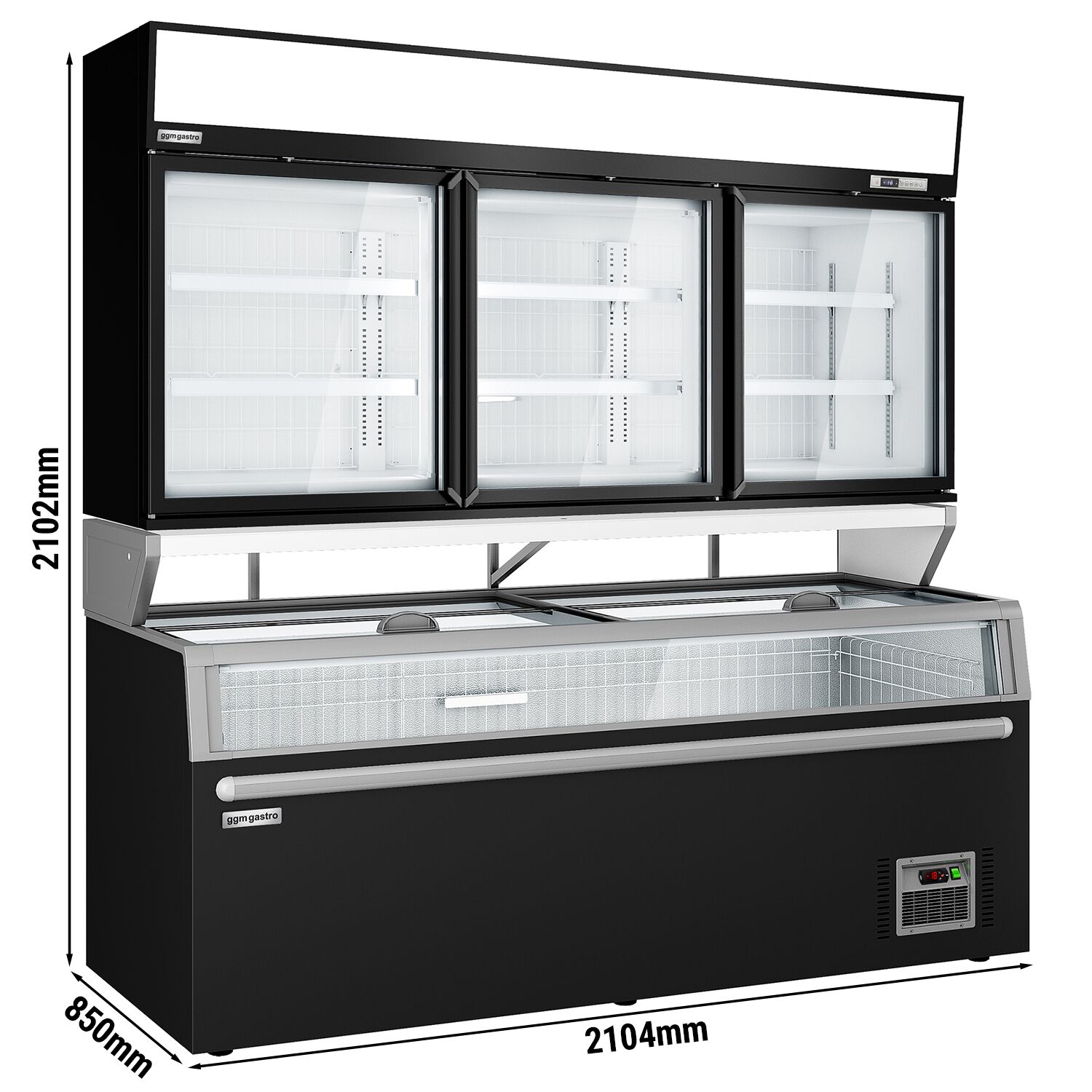 Vitrine murale de congélation pour supermarché - 3 portes - avec îlot de congélation inclus - Noir