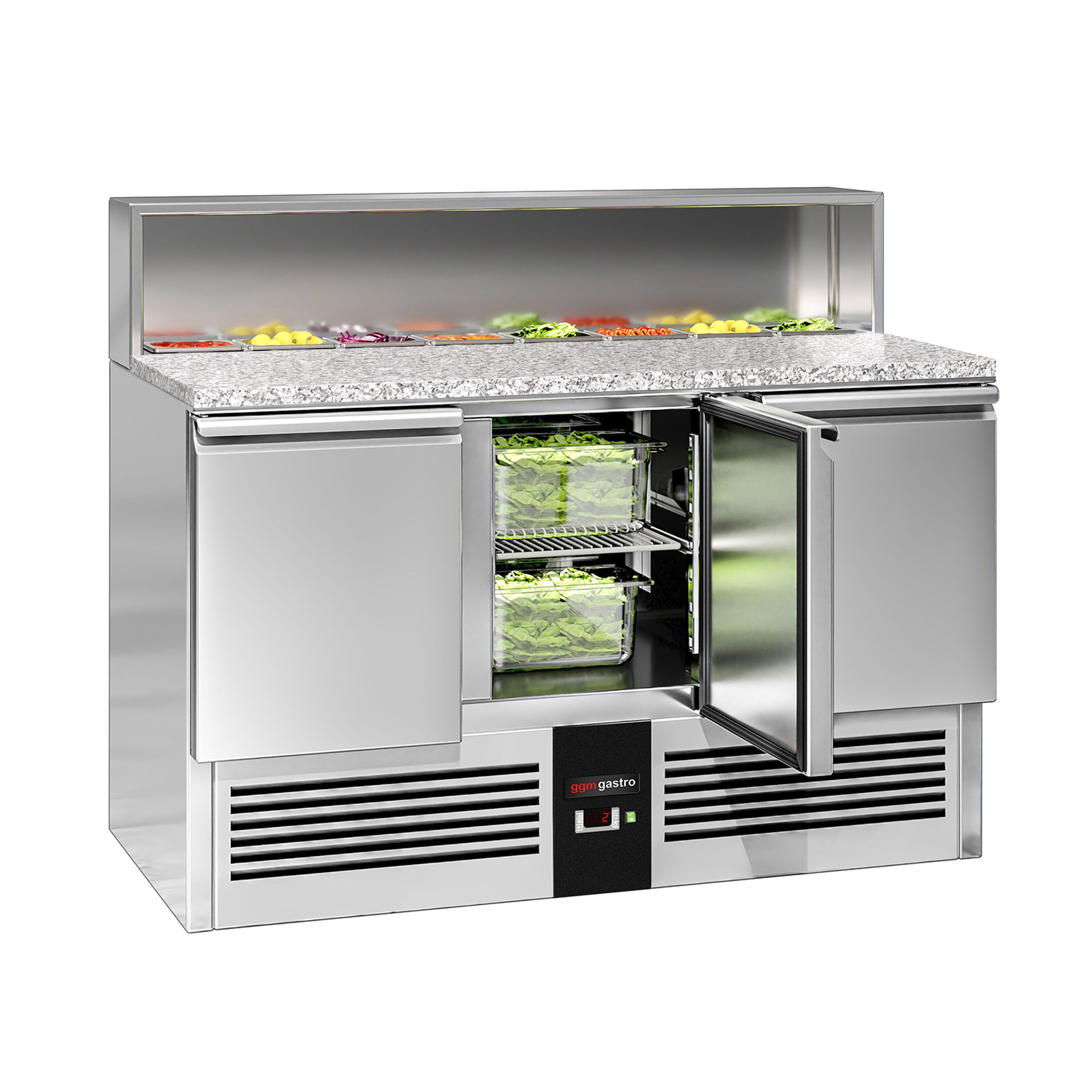 Saladette réfrigérée PREMIUM - 1368mm - 402L - 3 portes - ensemble inox (dessus GN) pour 8x GN 1/6 & Couvercle inox - plan de travail en granit noir