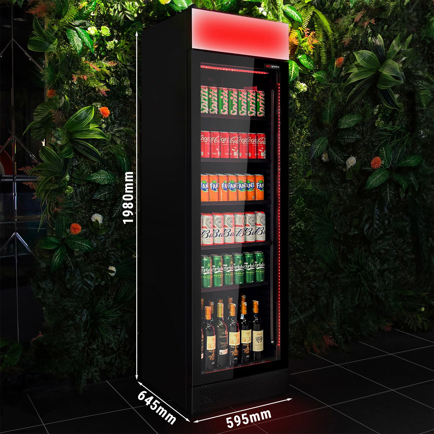 Vitrine réfrigérée à boissons - 345 litres - design sans cadre - avec 1 porte vitrée et éclairage LED coloré