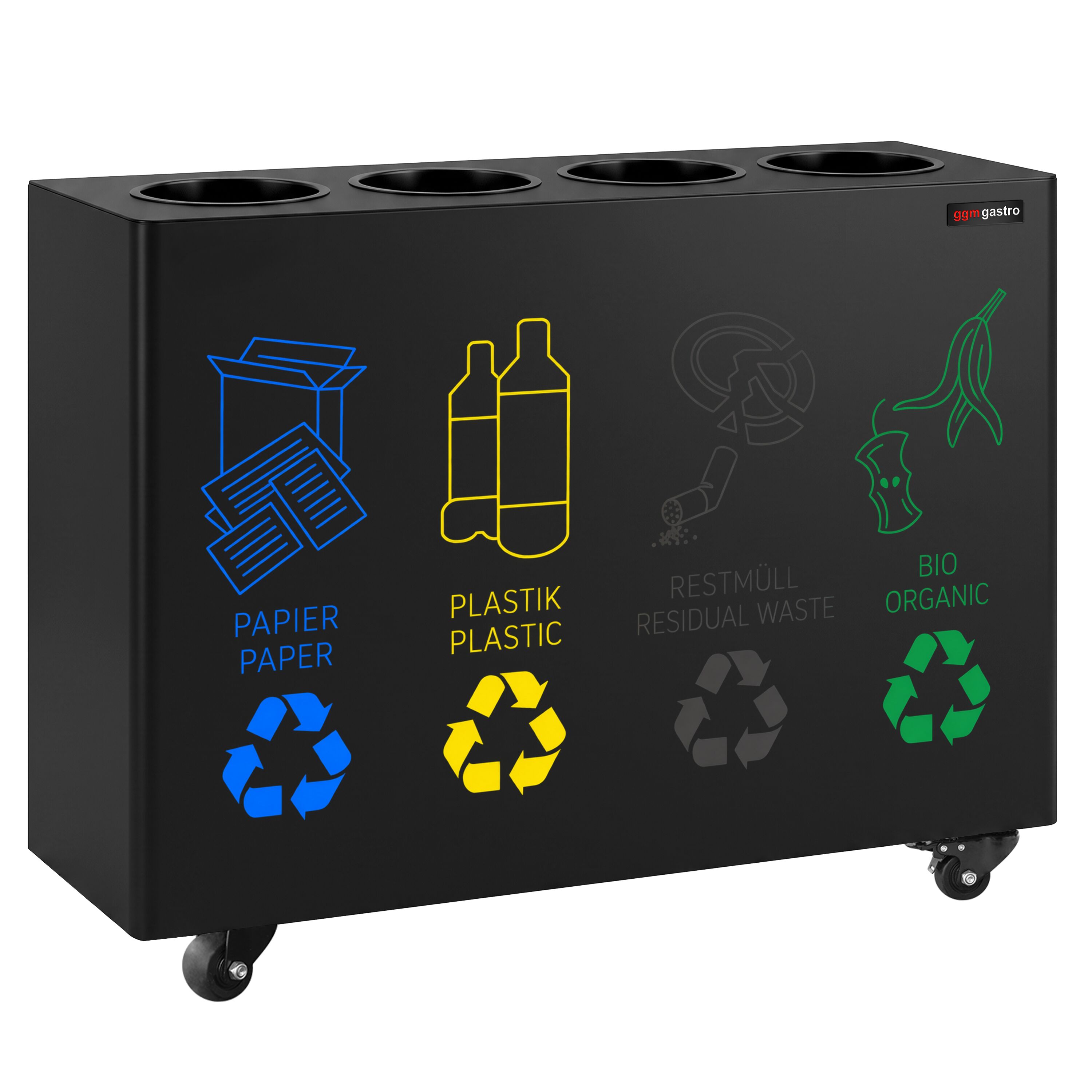 Waste sorting system – 4 bins, 30 litres each – Black – with 4 castors