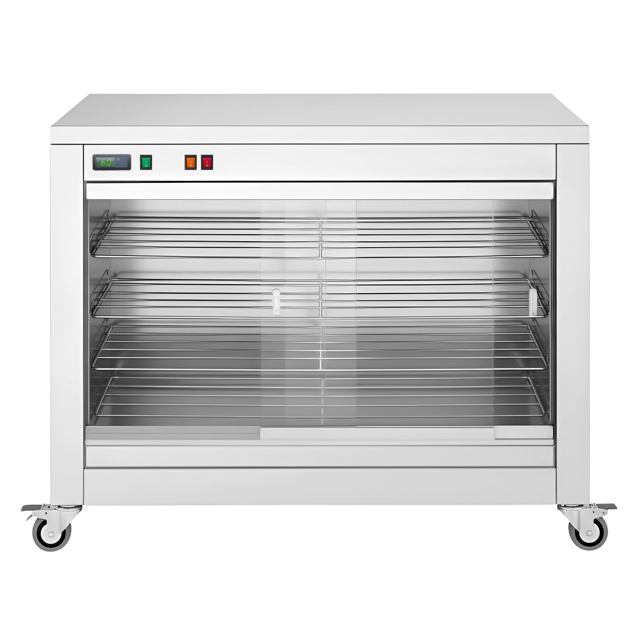 Värmemonter på hjul - 2 kW - med glasskjutdörrar, sluten baksida & 4 hyllor - 1098x480x790 mm