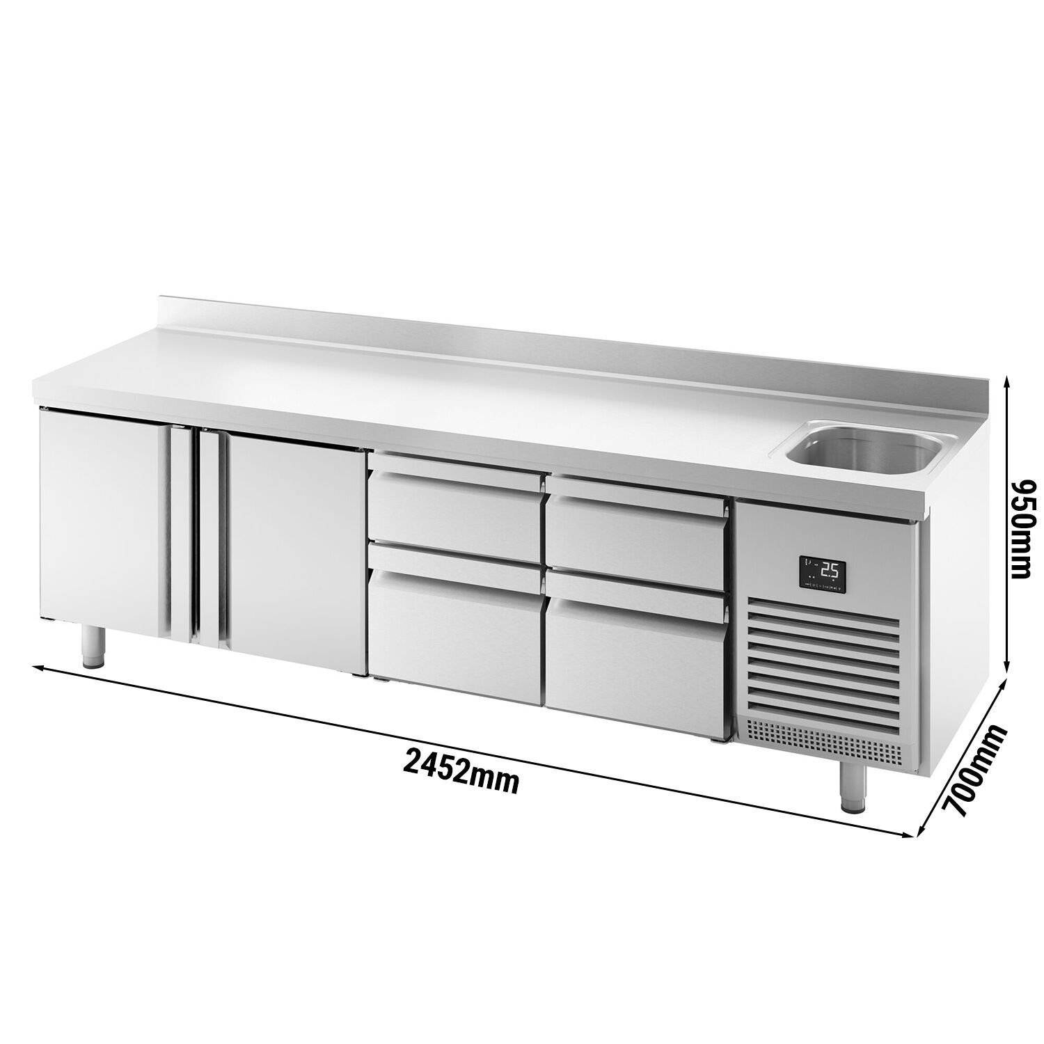 Холодильний стіл PREMIUM PLUS - 2452x700 мм - 630 л - з 2 дверима - з 4 шухлядами - з пристінним бортом