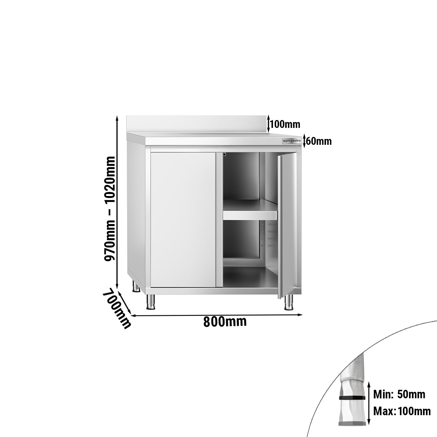 Table armoire en acier inoxydable PREMIUM - 800x700mm - avec portes battantes - avec dosseret
