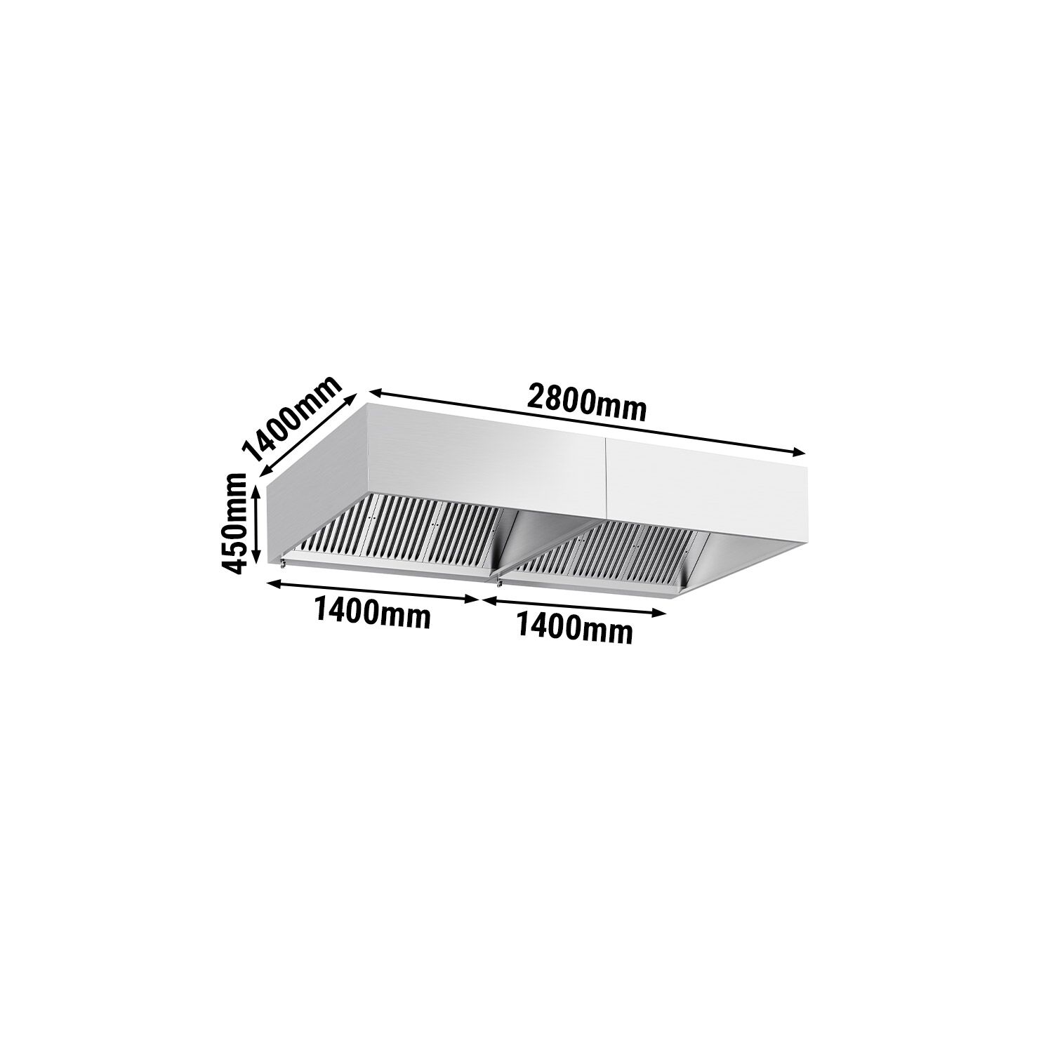 Hotte à adosser professionnelle - Profondeur 1100 - 2800mm - sans moteur - avec filtres et éclairage