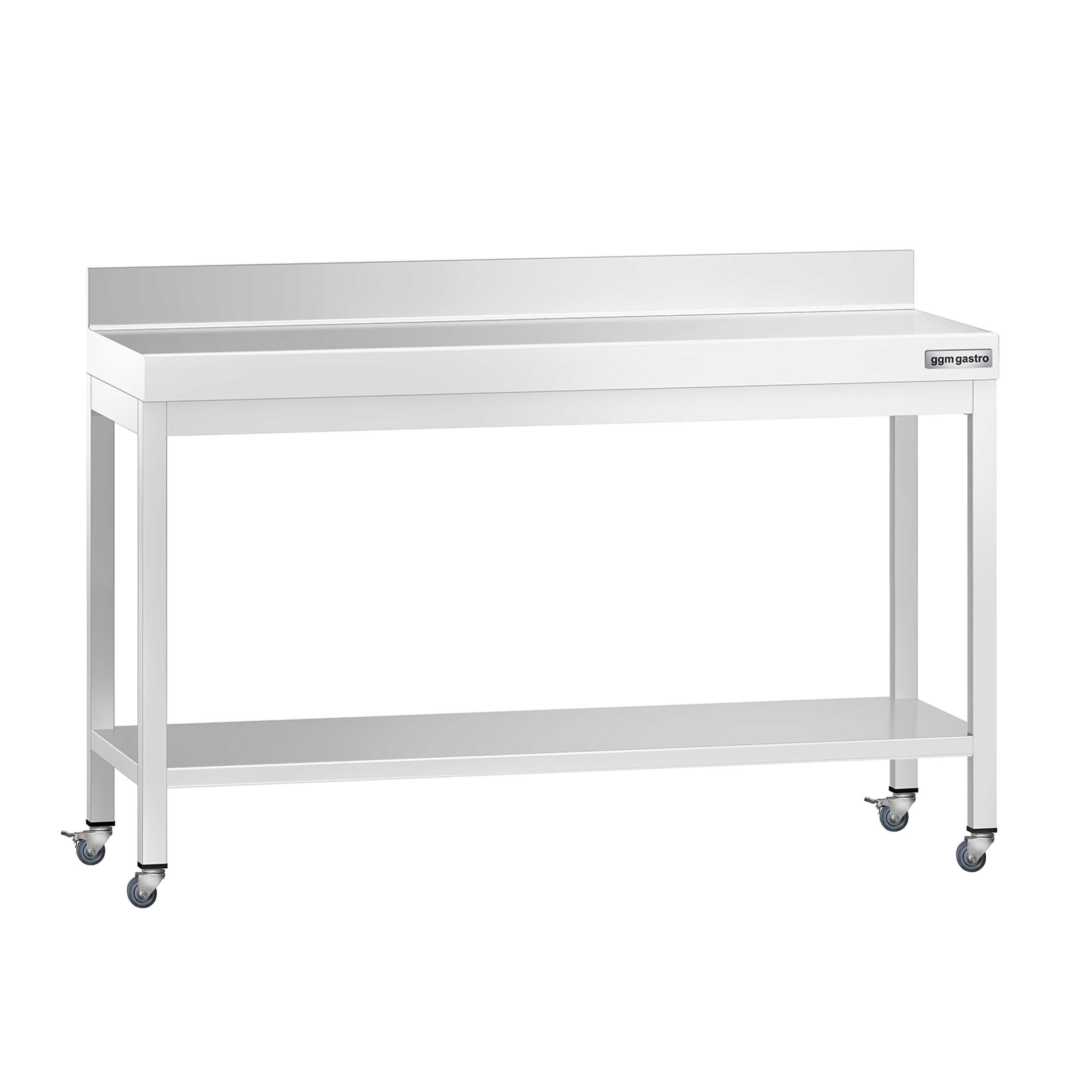 Table de travail en inox PREMIUM - 1400 x 600 mm - avec tablette inférieure, dosseret et roulettes