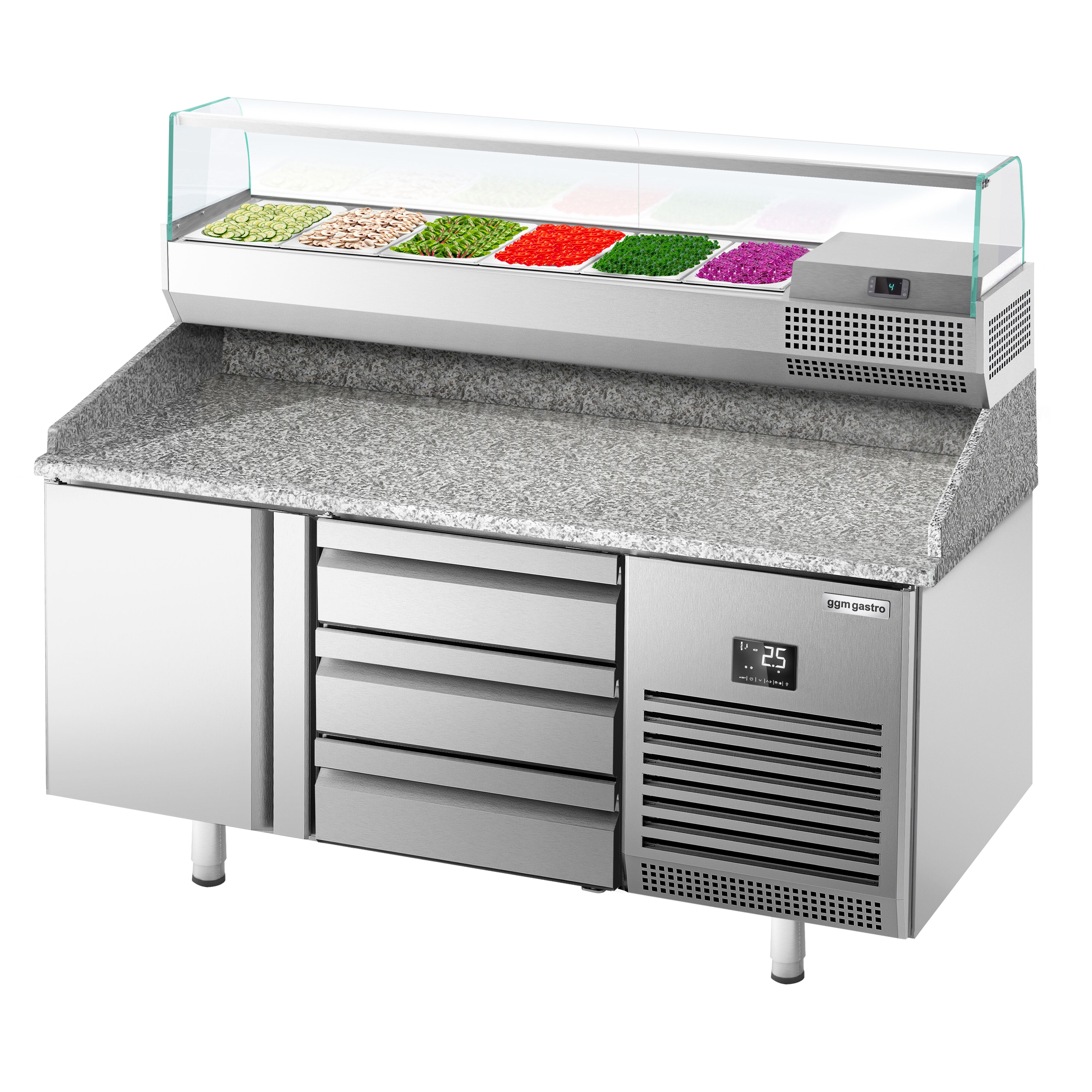 Table réfrigérée à pizza Premium PLUS - 1490x700 mm - avec 1 porte & 3 tiroirs - incl. vitrine réfrigérée - 6x GN 1/4