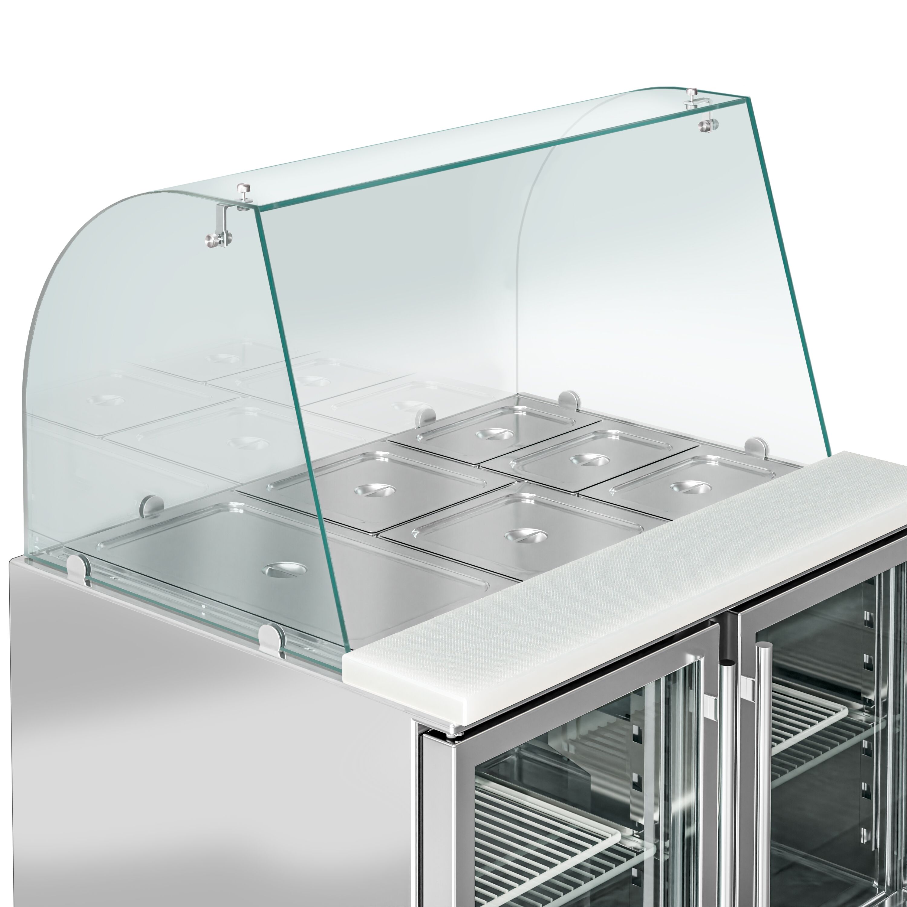 Saladette réfrigérée PREMIUM - 900mm - 288L - 2 portes vitrées - avec vitrine de comptoir pour 2x GN 1/1 & 3x GN 1/6 - Pour FR