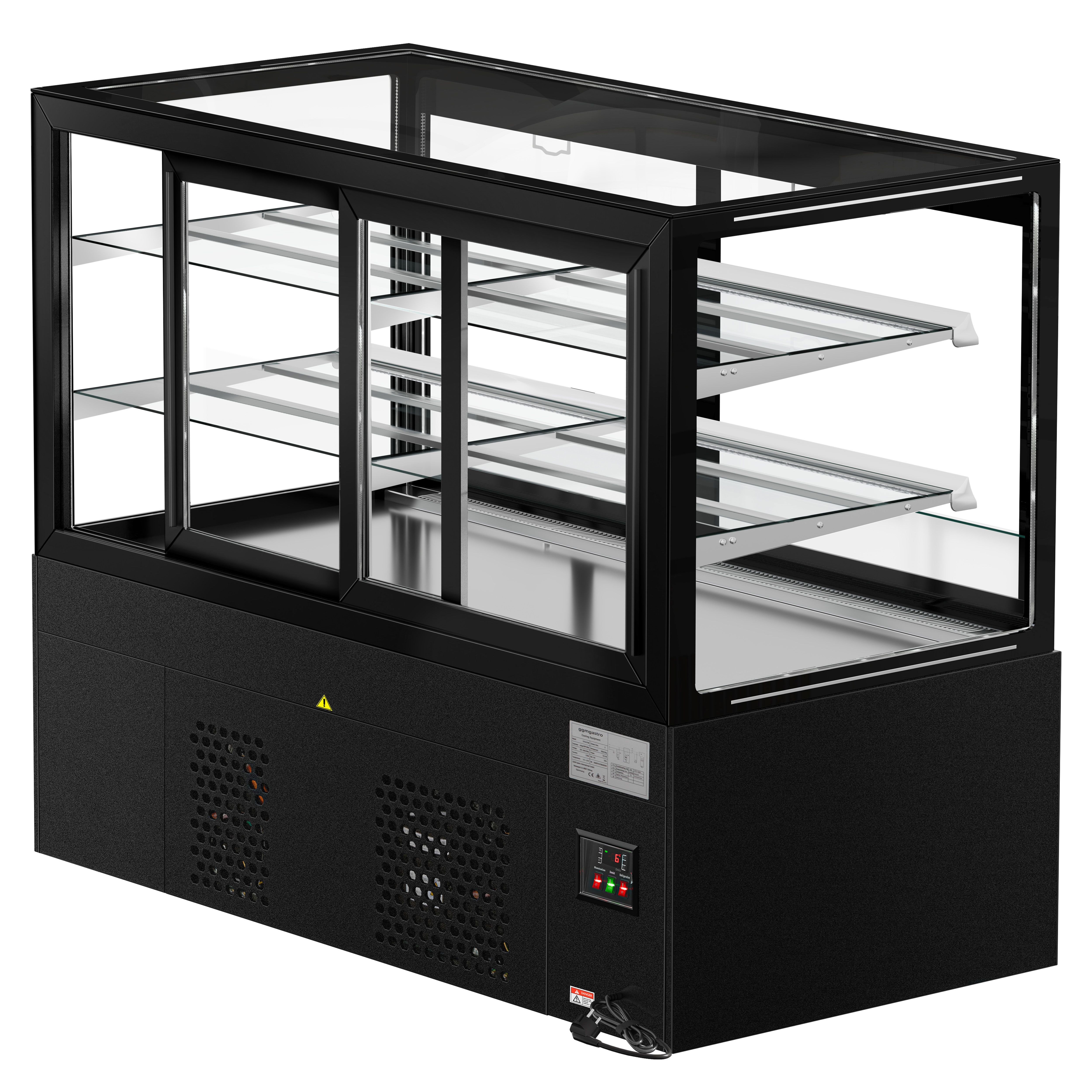 Vitrine à pâtisserie réfrigérée MADRID Self-Service - 530L - 1500mm - Double vitrage - avec 2 étagères en verre - portes coulissantes arrière - avec rideau de nuit - Noir mat