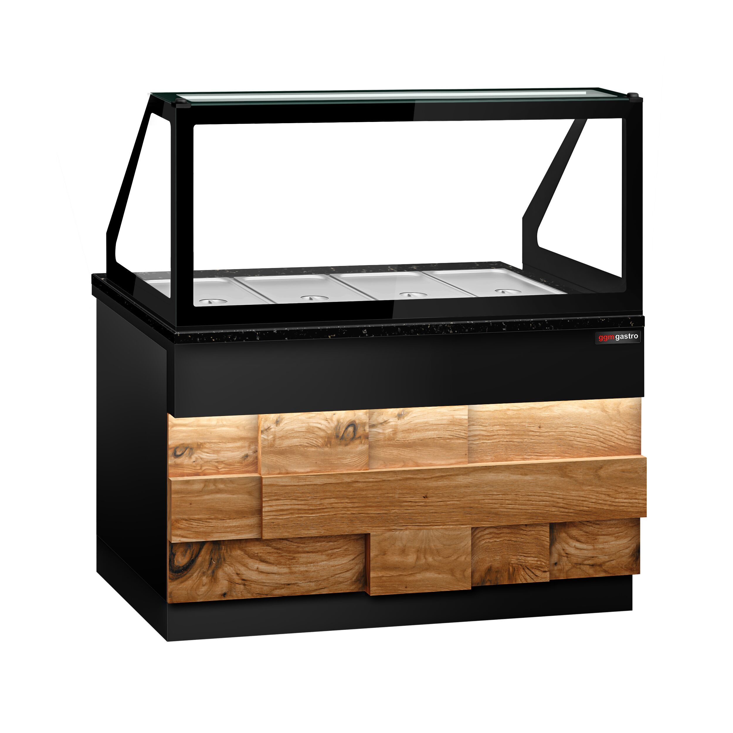 Warmhaltetheke TORONTO - 1500mm - Holzfront - für 4x GN 1/1 - schwarze Granit-Arbeitsplatte