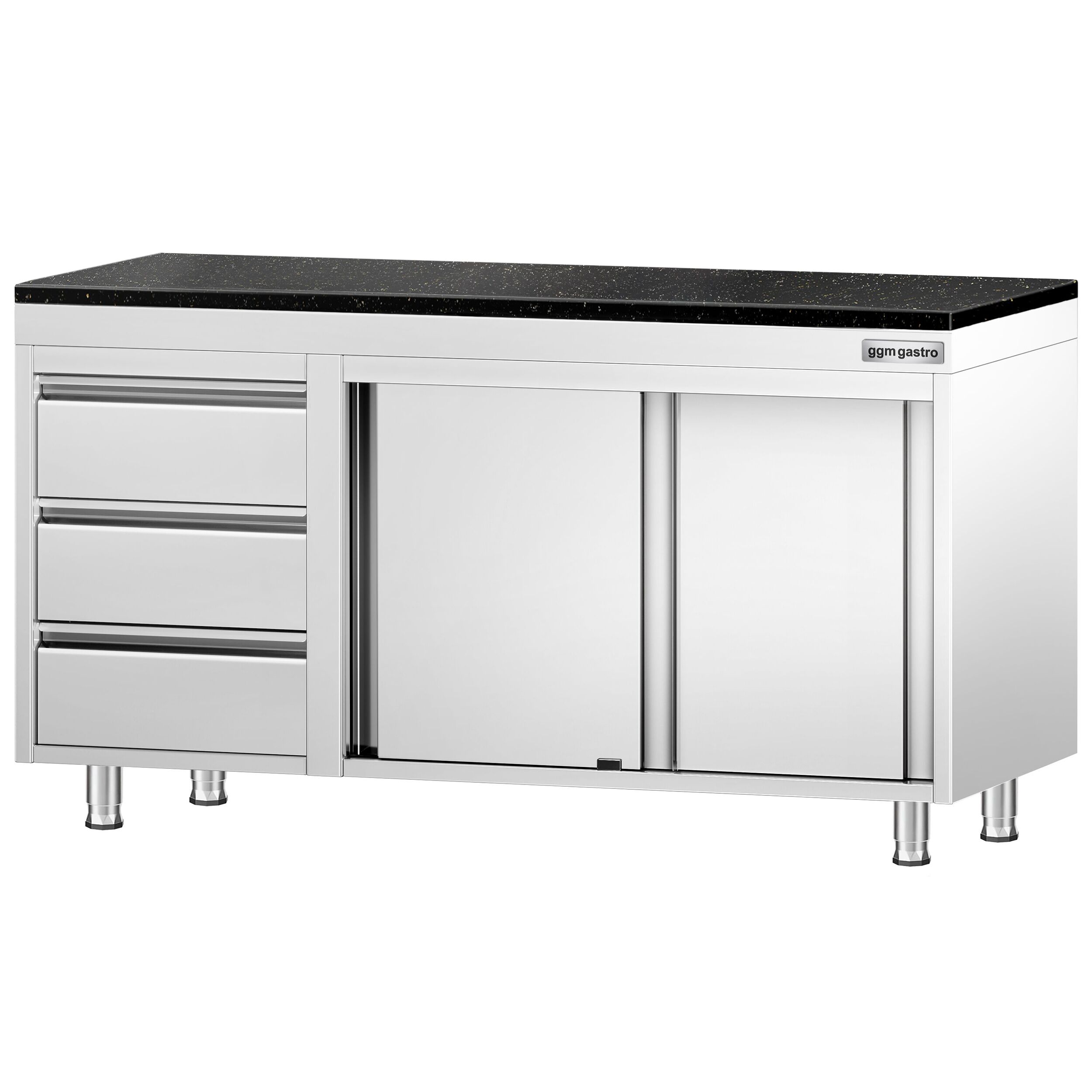 Roestvrijstalen werkkast PREMIUM - 1400 x 700 mm - met 3 lades links - incl. granieten werkblad
