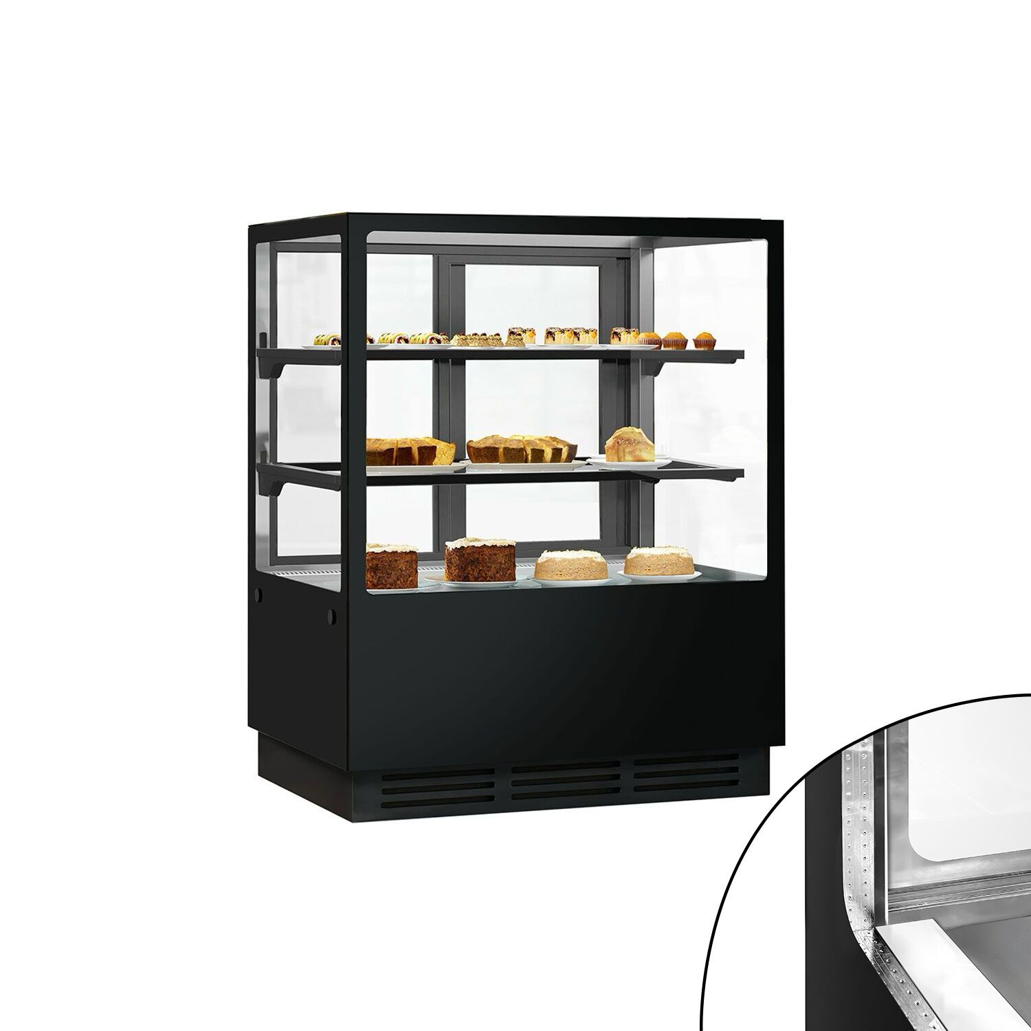 Vitrine à pâtisserie réfrigérée - 378L - 1000mm - Double vitrage - avec 2 étagères en verre - portes coulissantes vitrées arrière - pour pâtisseries - Pour FR - Noir