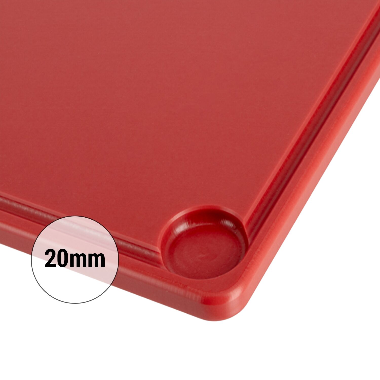 Planche à découper avec rigole à jus - 250x400mm - Épaisseur: 20mm - Conforme HACCP - PEHD 500 - Rouge