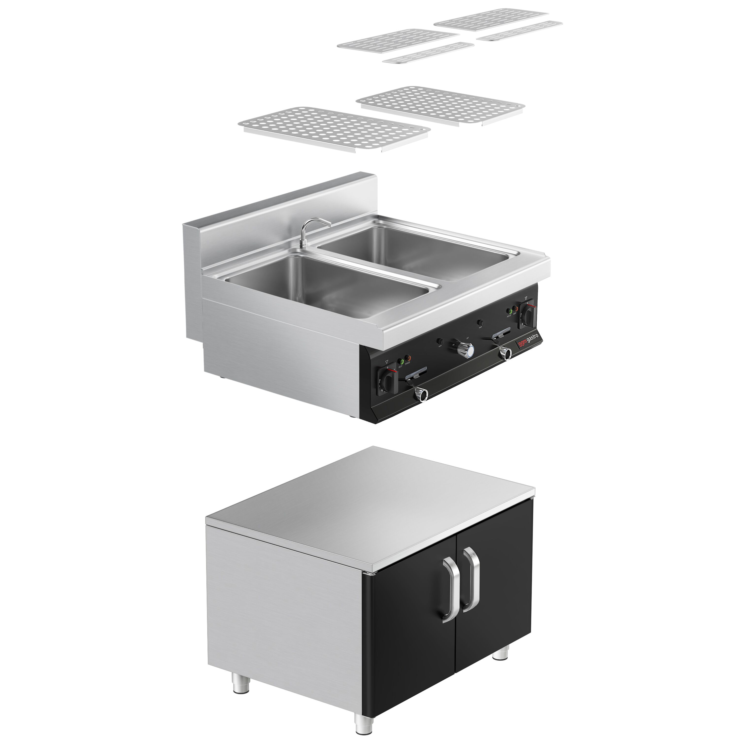 Cuiseur à pâtes électrique avec robinet – 2 × 26 L – 12 kW – incl. soubassement avec 2 portes