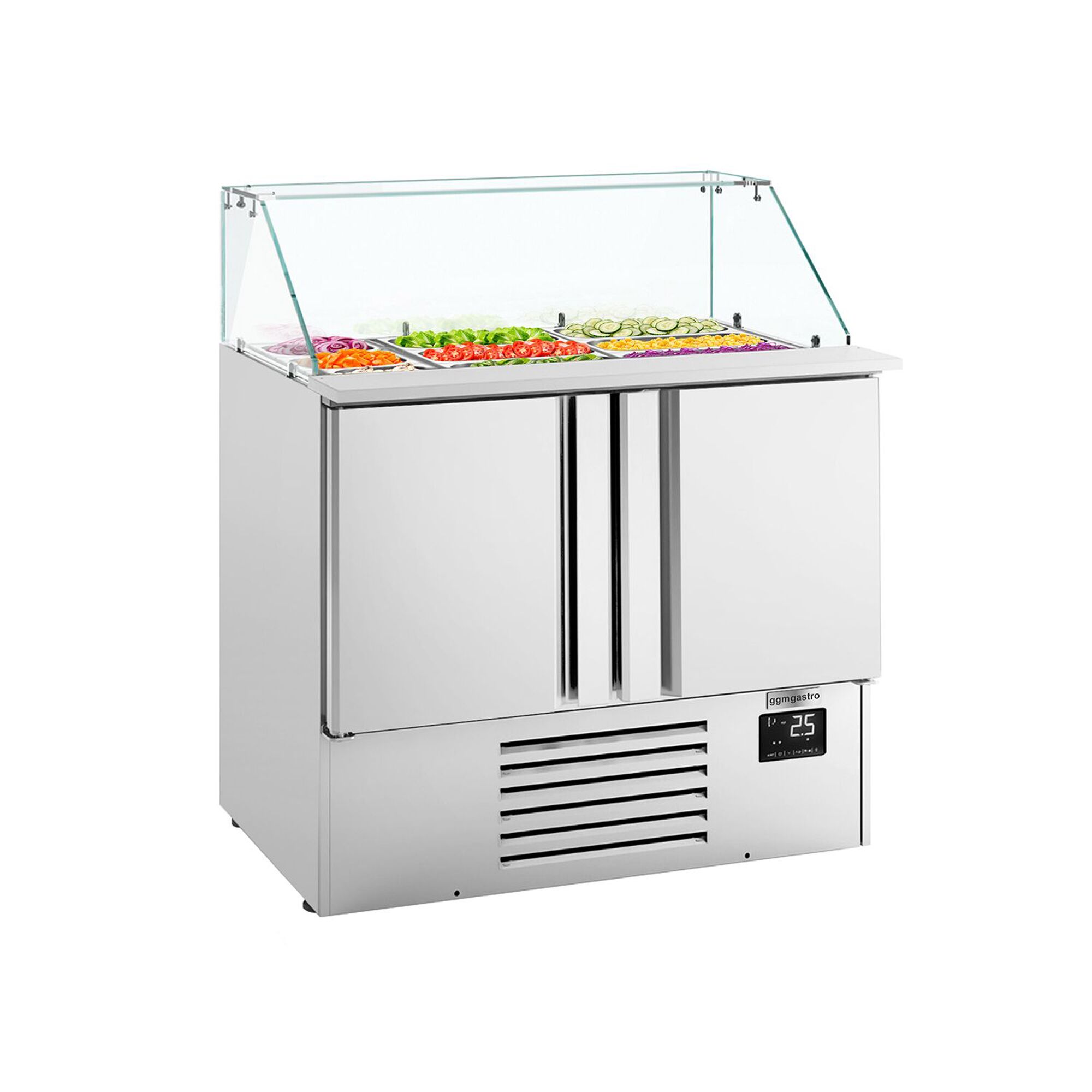 Saladette réfrigérée PREMIUM PLUS - 978mm - 230L - 2 portes - avec vitrine de comptoir pour 6x GN 1/3 & Couvercle inox & 3x GN 1/6