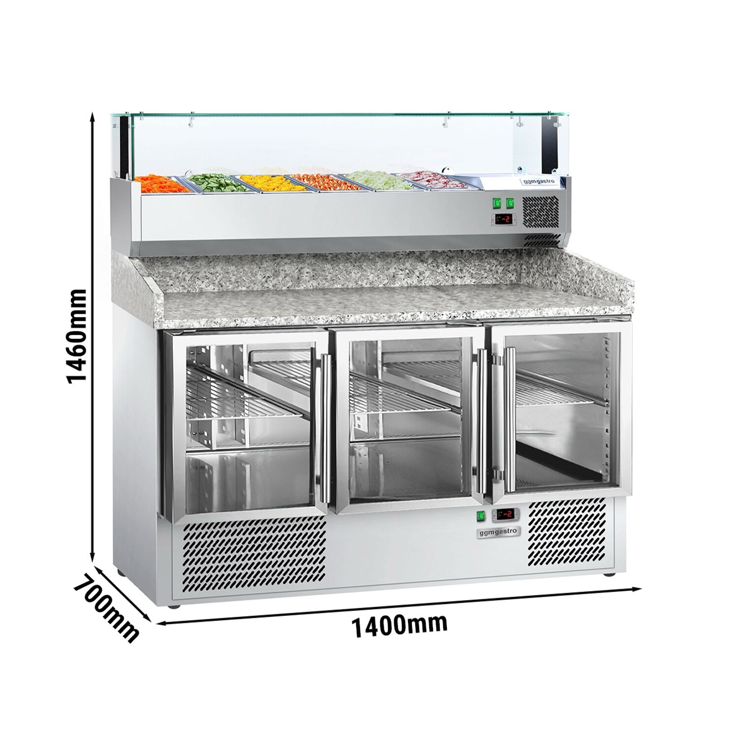 Table réfrigérée à pizza ECO - 1400x700 mm - avec 3 portes vitrées - incl. vitrine réfrigérée - 6x GN 1/4