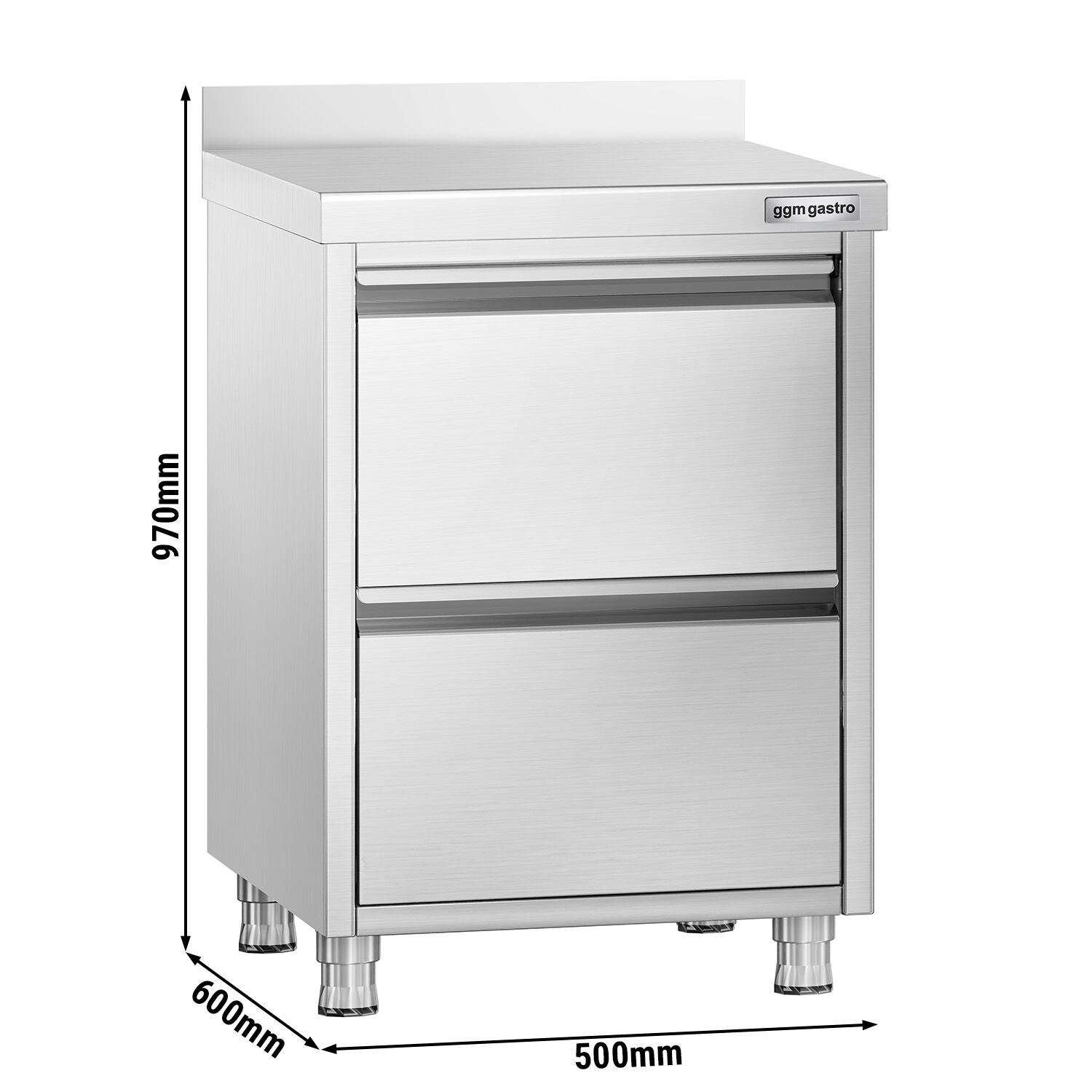 Meuble bas à tiroirs PREMIUM - Acier inoxydable - Professionnel - avec 2 tiroirs & dosseret 100mm - 500x600mm