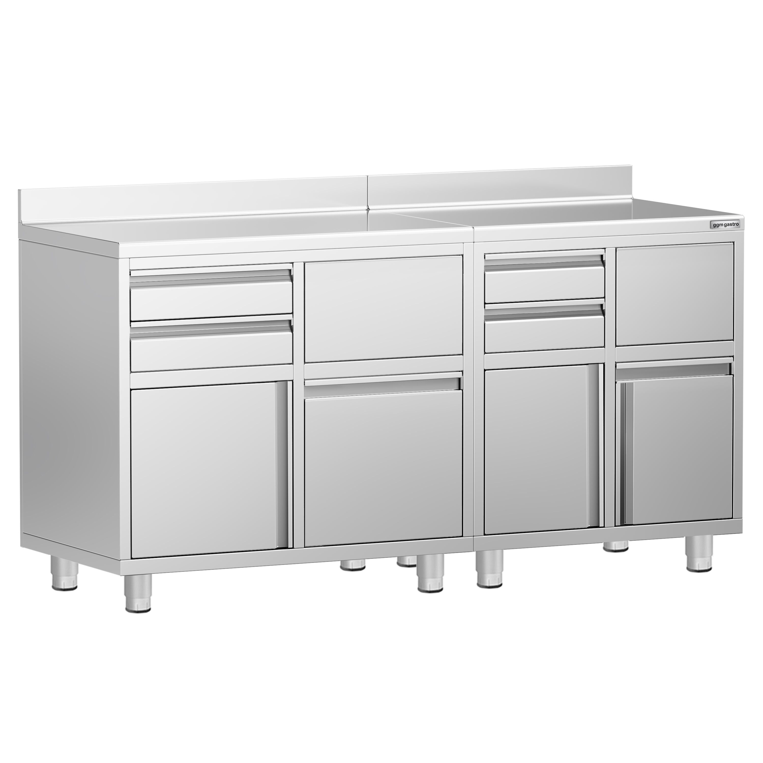 Armoire de travail PREMIUM pour machine à café filtre - 1400x600mm - avec dosseret - 4 tiroirs, 2 portes battantes, 2 tiroirs à marc de café