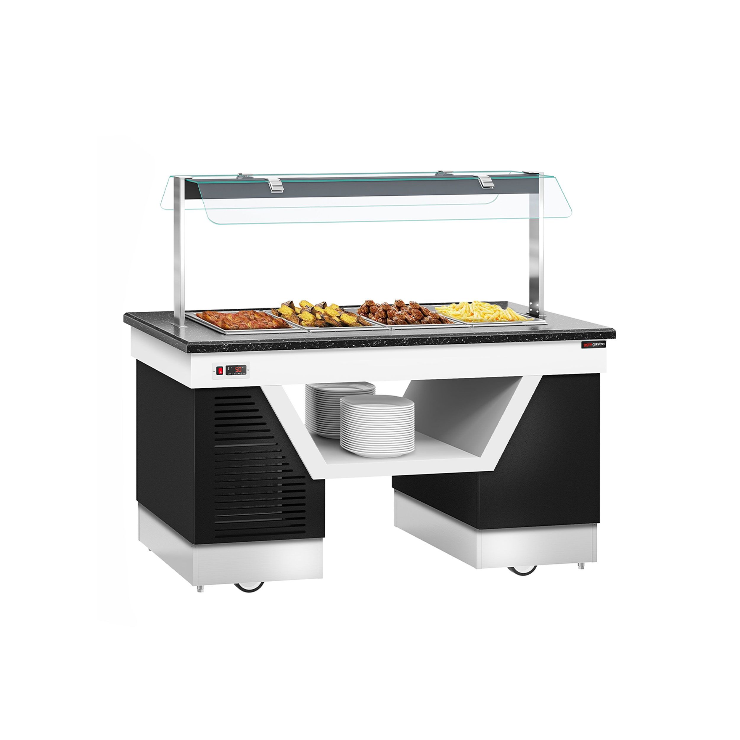 Buffet chaud BELFAST - 1600mm - avec bain-marie - sur roulettes - pour 4x GN 1/1 - Noir