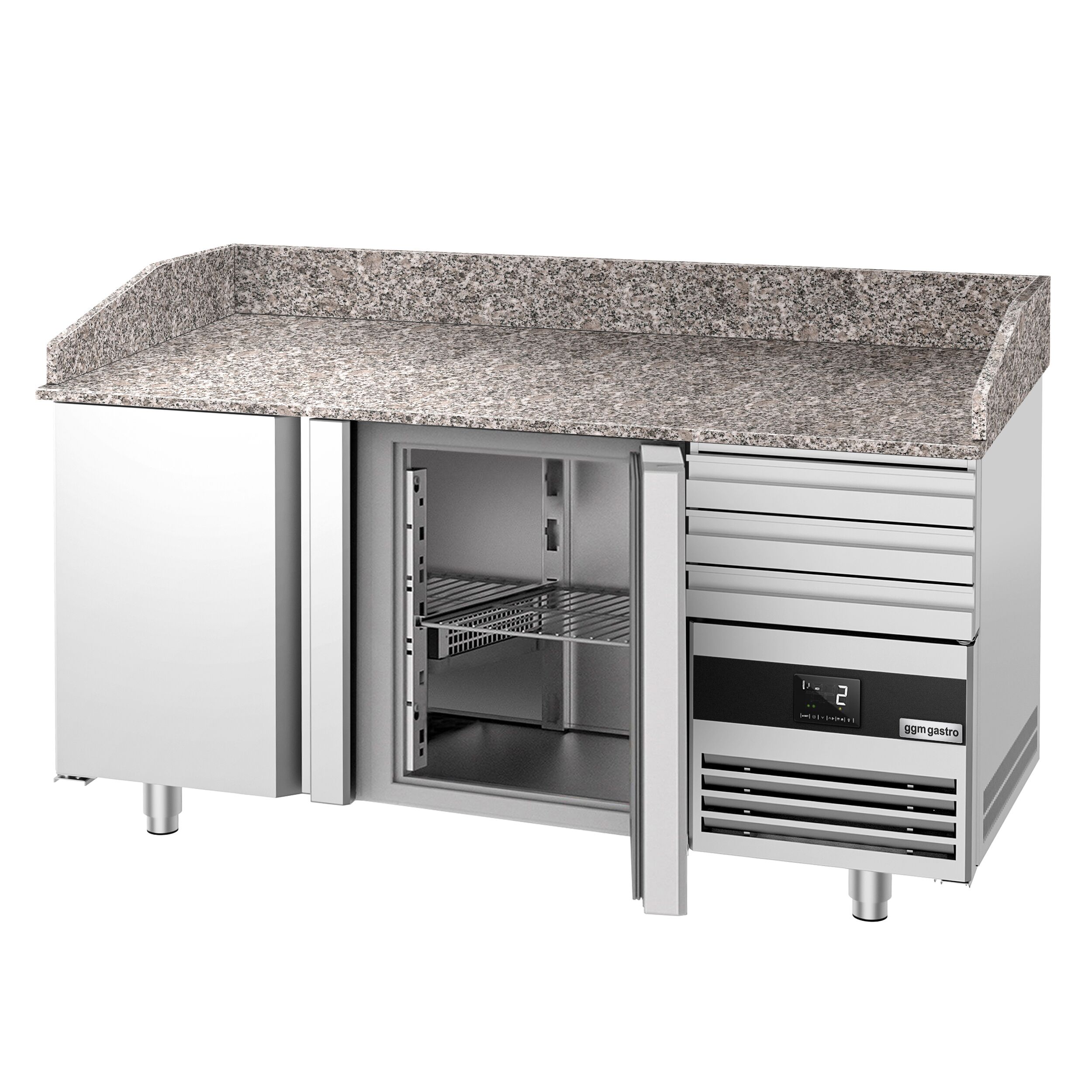 Commercial Pizza Prep Counter - Granite Top PREMIUM - 1600x800mm - with 2 doors & 3 drawers