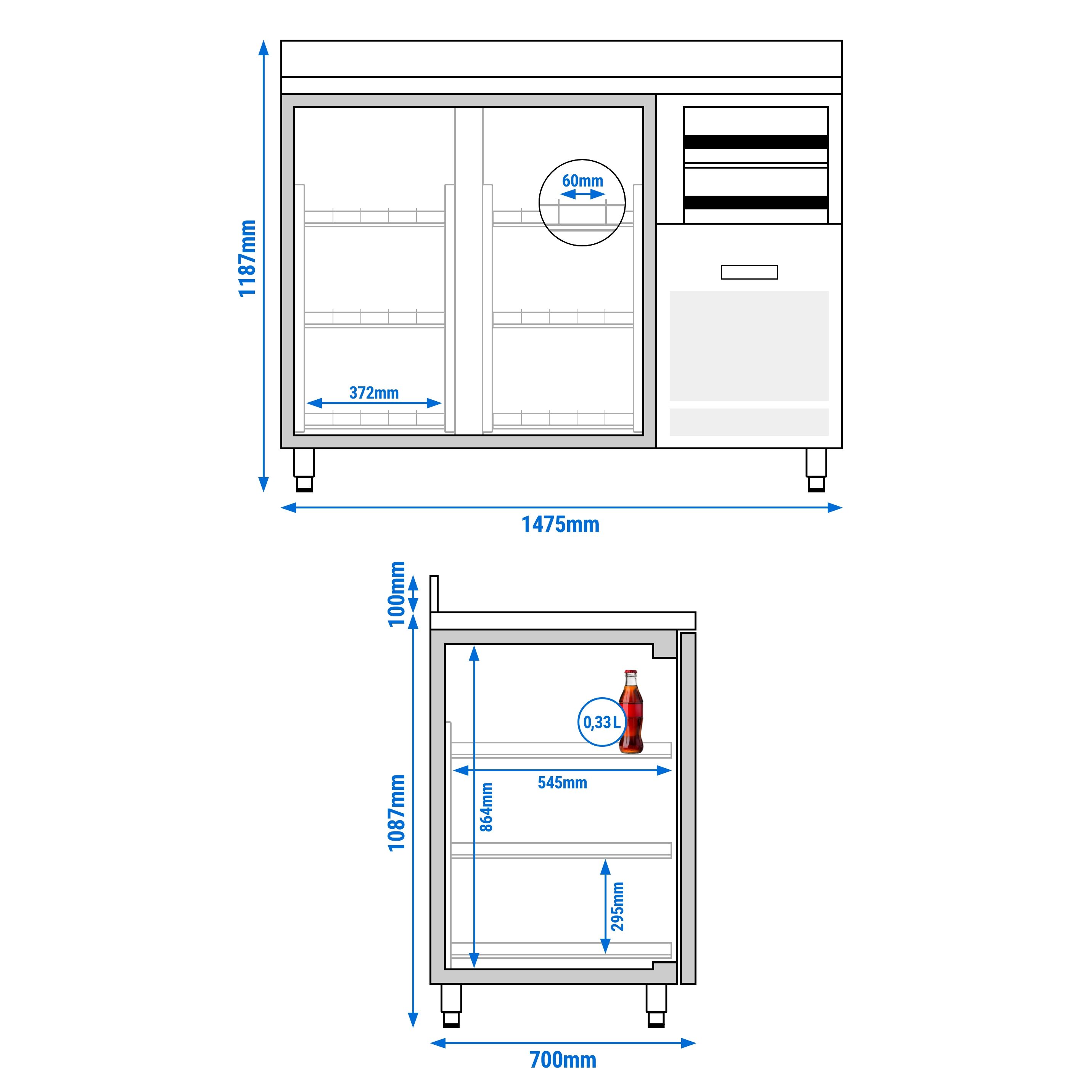 Arrière-bar réfrigéré professionnel Premium PLUS - SUPERCOOLER - 1475x700 mm - avec 2 portes vitrées & dosseret - inox