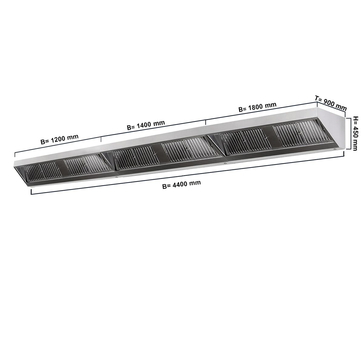 Hotte murale – 4400 mm – avec filtre et éclairage