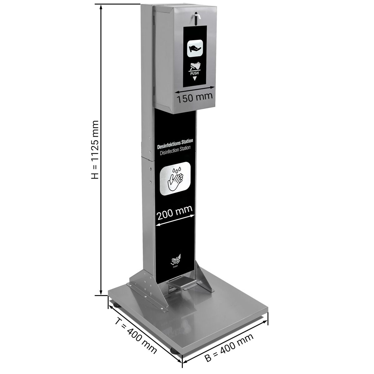 Hand Sanitiser Station - Stainless steel - freestanding, foot pump/foot-operated