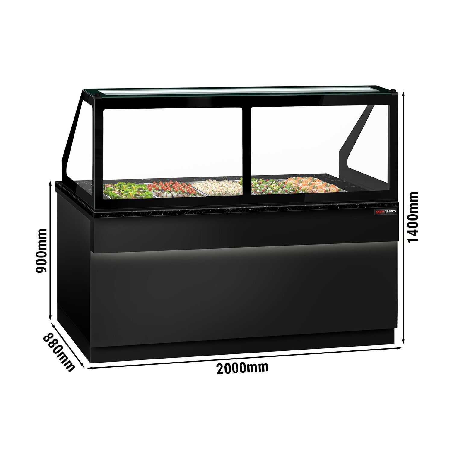 Saladette réfrigérée TORONTO - 2000mm - façade noire - 3 portes - avec vitrine de comptoir pour 5x GN 1/1 & 1 étagère - plan de travail en granit noir - 1200L