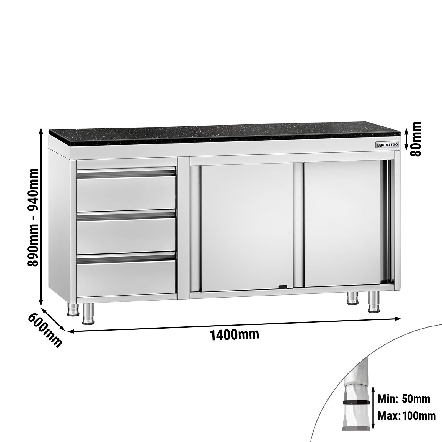 Edelstahl Arbeitsschrank PREMIUM - 1400x600mm - mit 3 Schubladen links - inkl. Granitarbeitsplatte