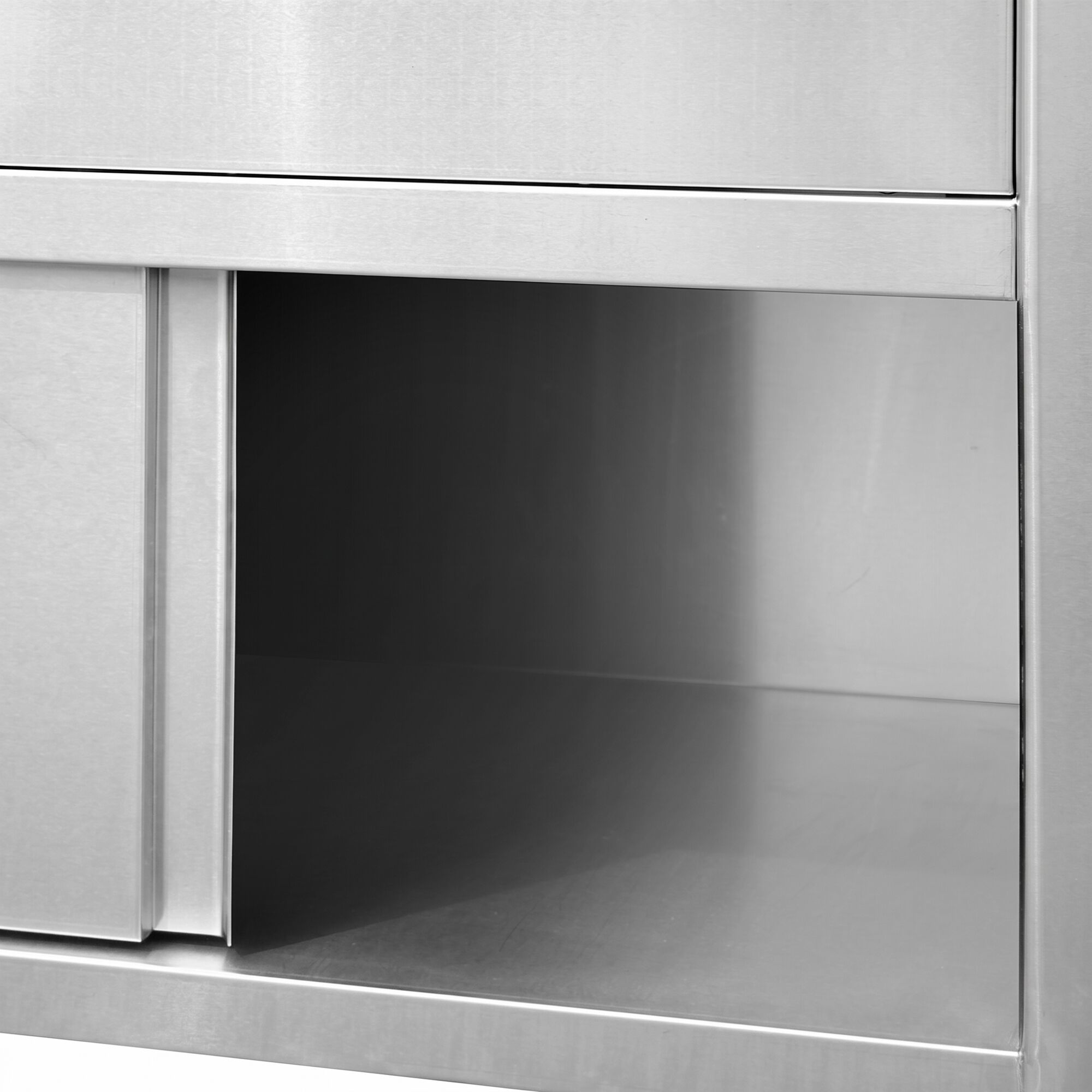 Arbetskåp i rostfritt stål PREMIUM – 1600 x 600 mm – med uppkant – med 3 lådor och skjutdörr
