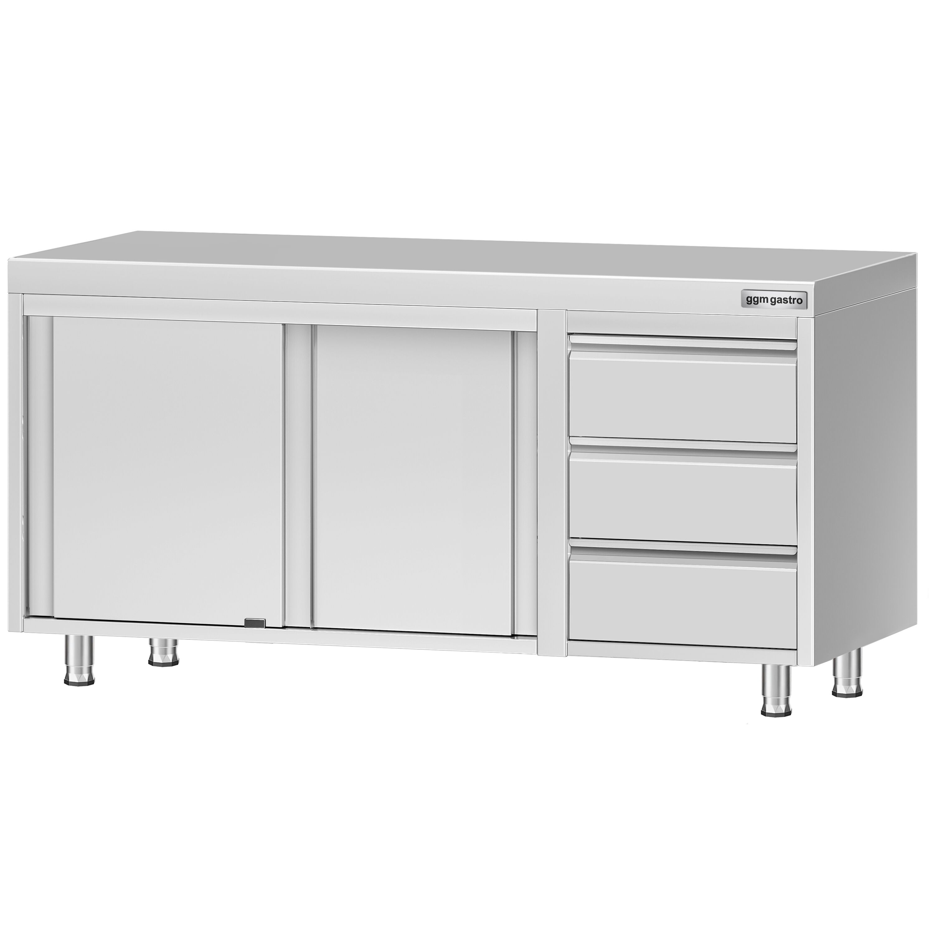 Table armoire en acier inoxydable ECO - 1600x600mm - avec portes coulissantes et 3 tiroirs à droite