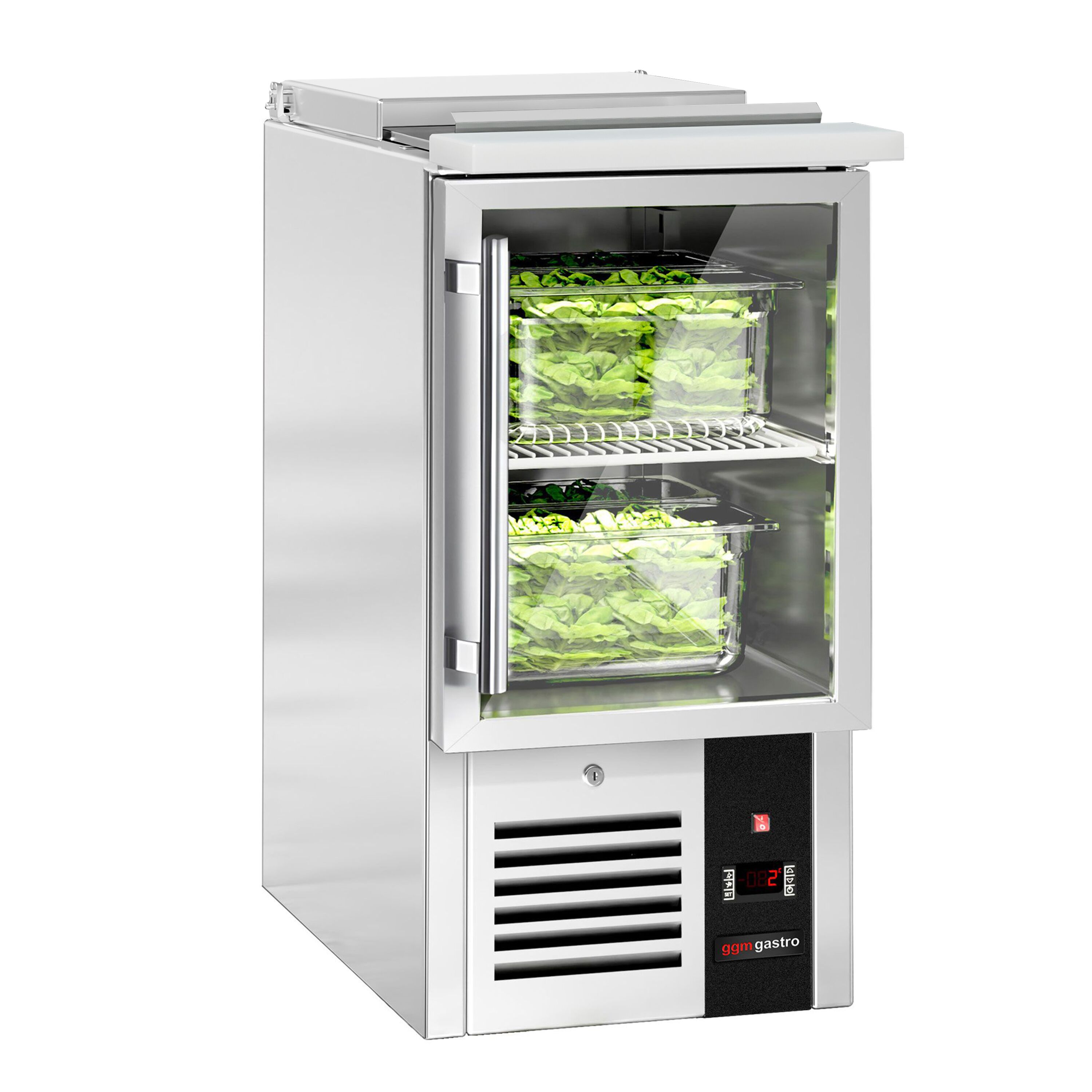 Saladette réfrigérée PREMIUM - 450mm - 102L - 1 porte vitrée - avec découpe pour 1x GN 1/1 & Couvercle inox