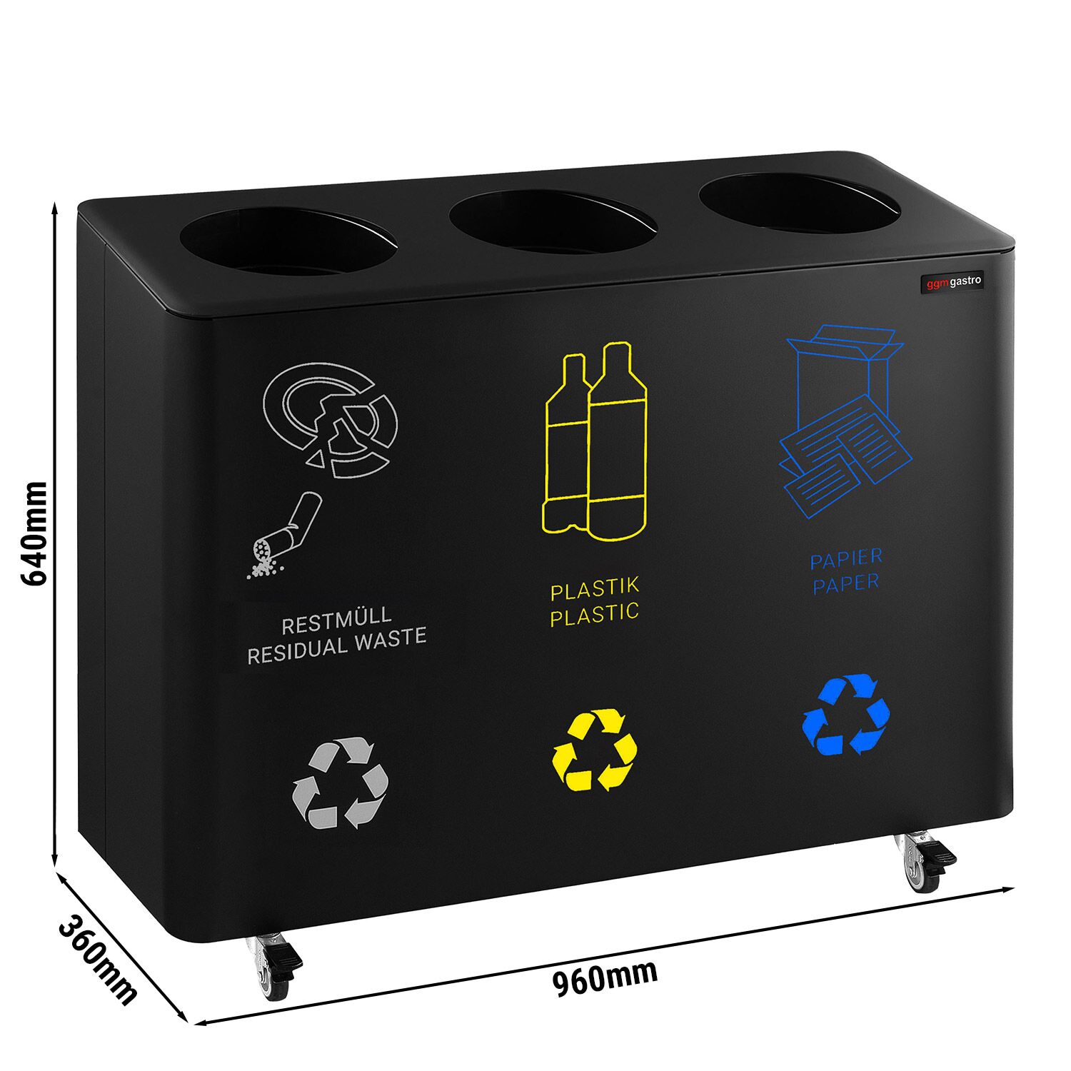 Poubelle de tri sélectif - 3 bacs de 25L chacun - 75L - 960x640x360mm - avec roulettes, bacs amovibles, autocollants de tri - Noir - Acier et Plastique