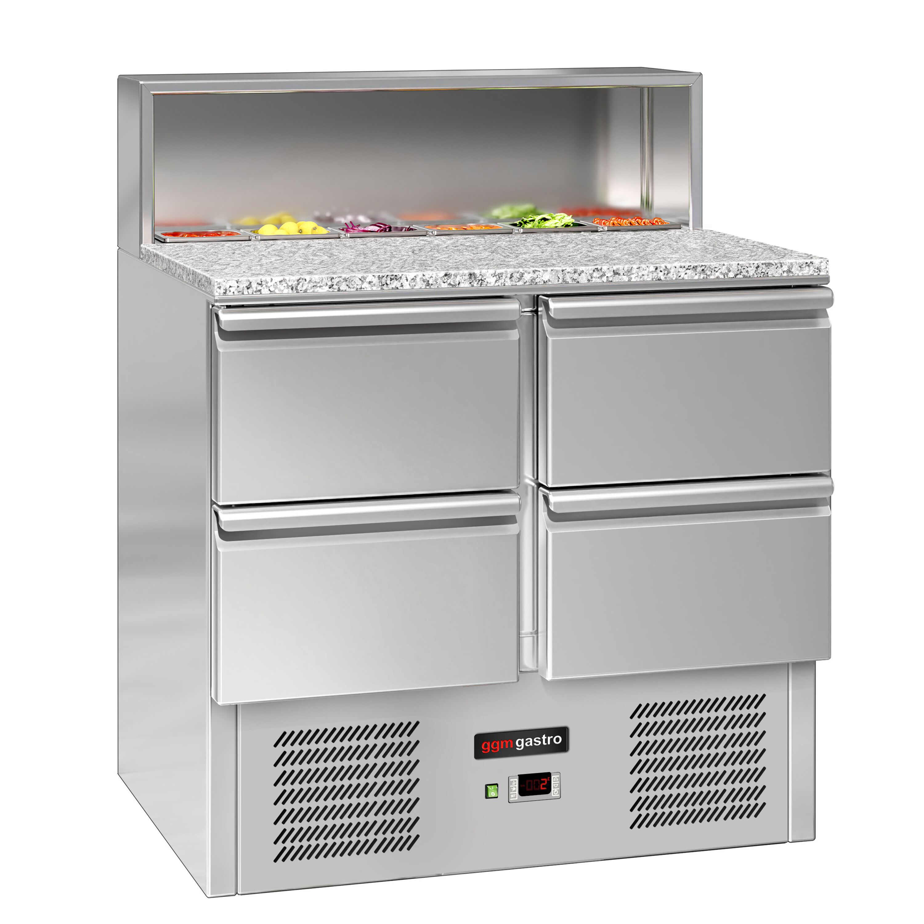 Saladette réfrigérée ECO - 903mm - 240L - façade noire - 4 tiroirs - avec découpe pour 5x GN 1/6 & Couvercle inox - plan de travail en granit noir