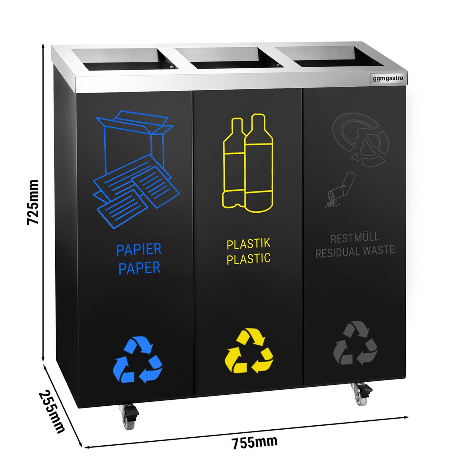 Sopstation - 3 fack à 25 liter - 755x255x725 mm - med hjul - svart/silver - stål