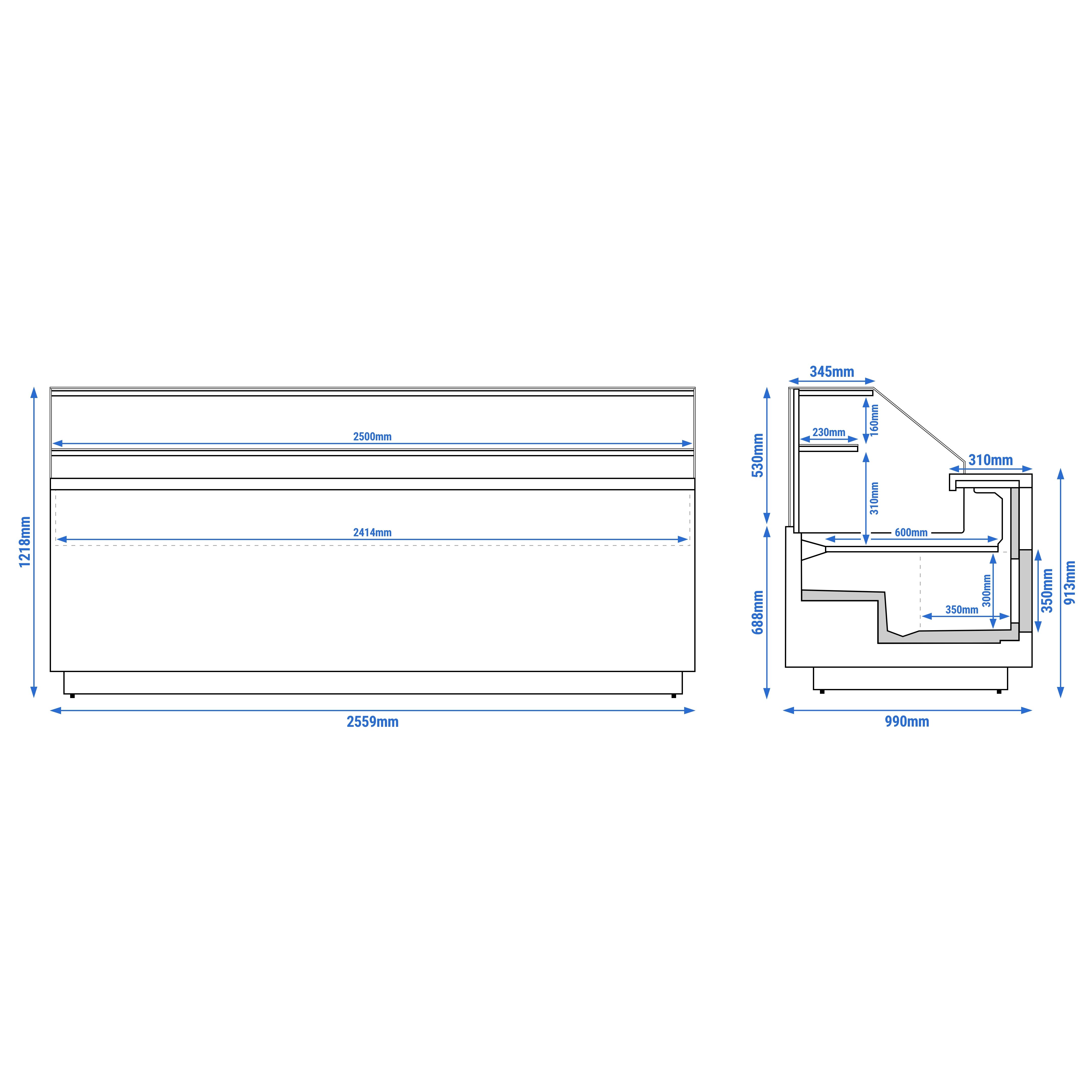Serve Over Counter RIGA - 2620x990mm - with 4 doors - 2 shelves - capacity 275 litres