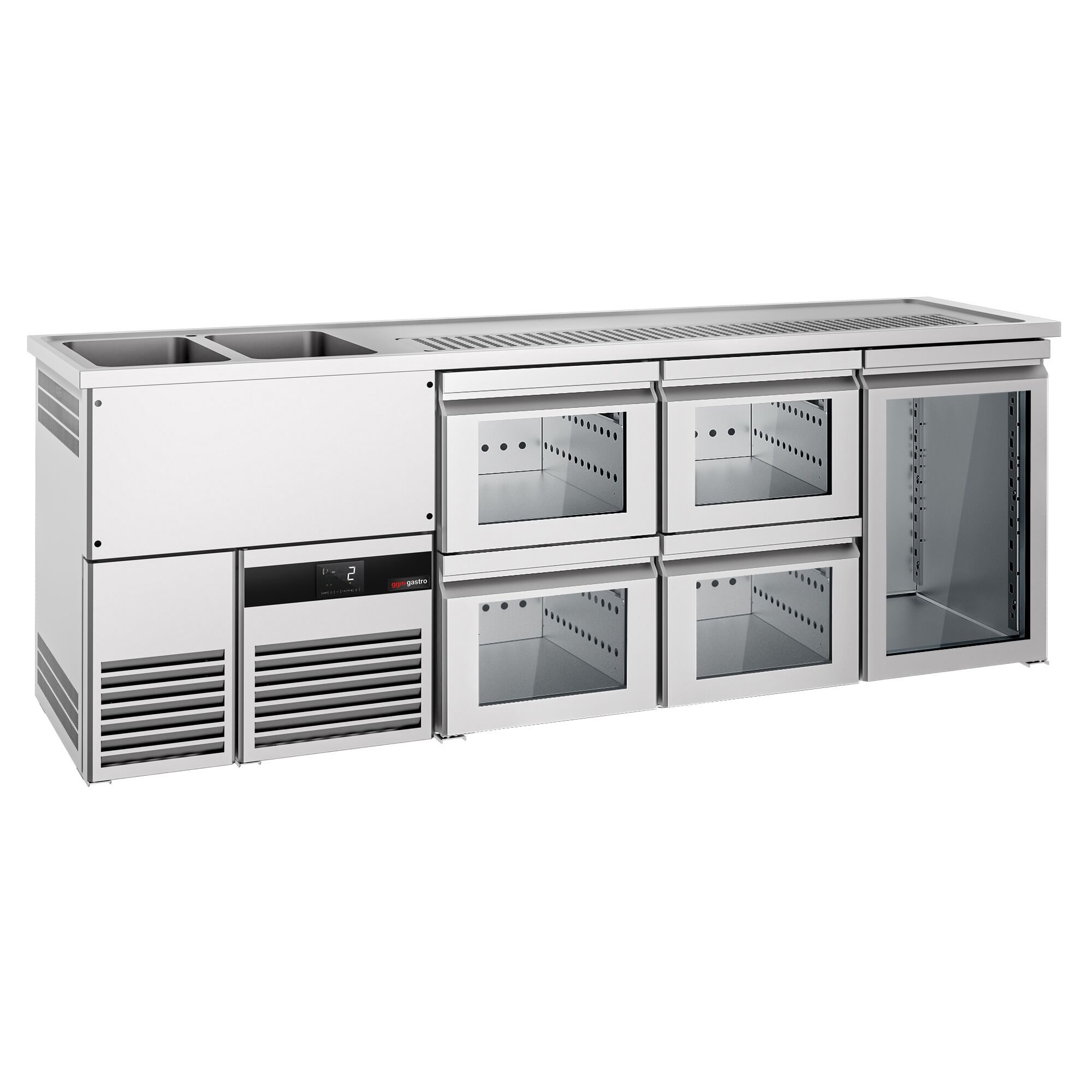 Comptoir de bar réfrigéré PREMIUM - 2500x700mm - 1 porte vitrée & 4 tiroirs en verre
