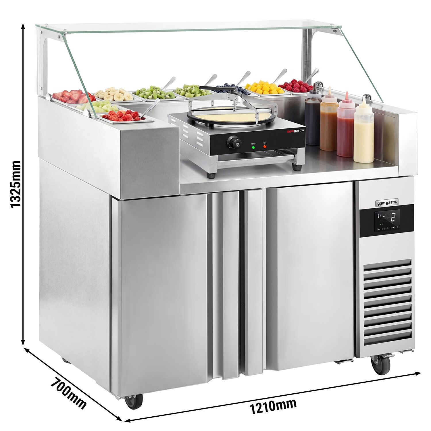 Table de préparation – 1210 mm – 2 portes – pour 9 bacs GN 1/6 – incl. appareil à crêpes & répartiteur de pâte
