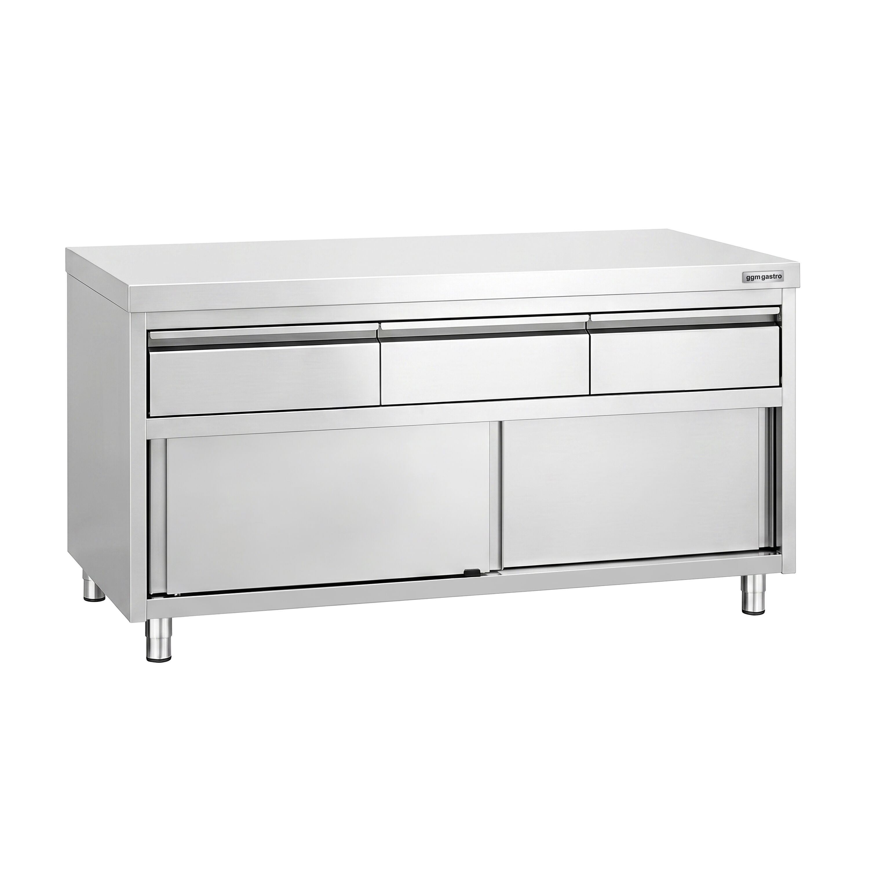 Armoire de travail en acier inoxydable PREMIUM - 1 600 x 600 mm - avec 3 tiroirs et une porte coulissante