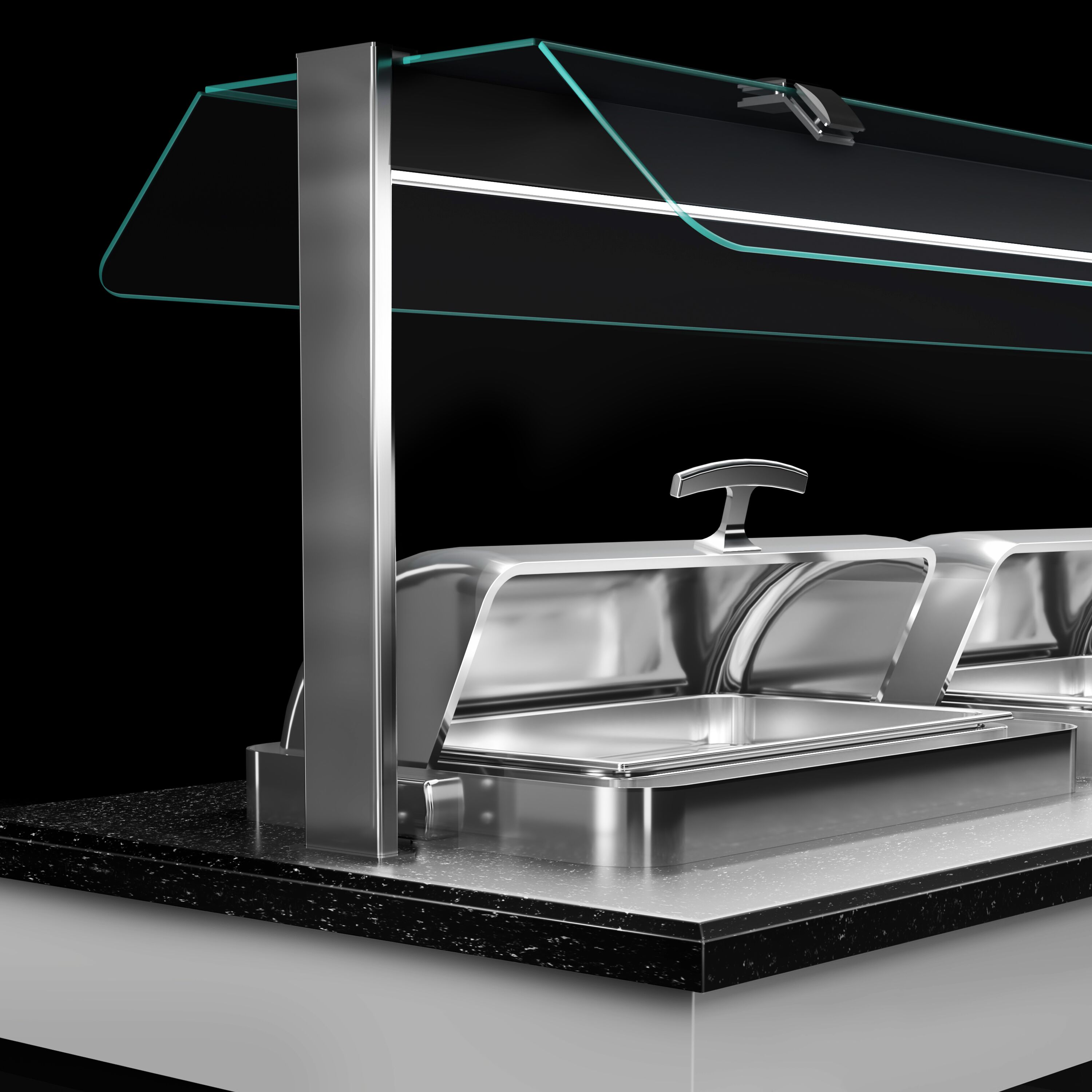 Heated Servery Counter BELFAST - 2300mm - with Hot Plate + Flat Glass Sneeze Guard - on Castors - for 3 Chafing Dishes - Black