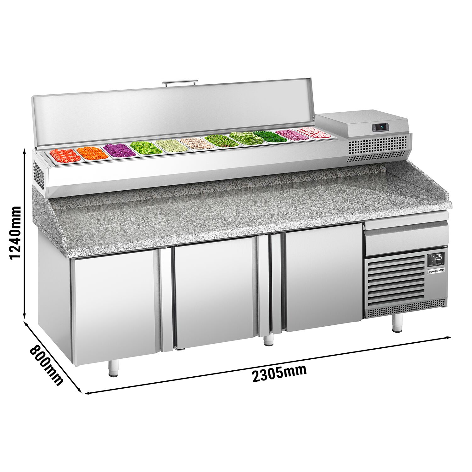 Table réfrigérée à pizza Premium PLUS - 2305x800 mm - avec 3 portes & 1 tiroir - incl. vitrine réfrigérée - 11x GN 1/4