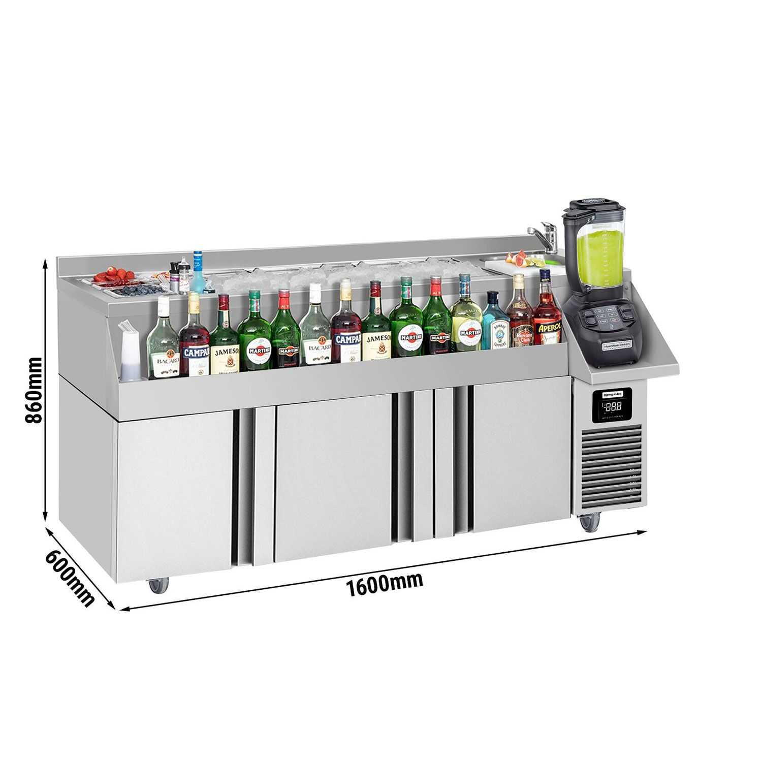 Bar-Cocktail-Getränkekühltisch - 1600mm - 235 Liter - 3 Türen, Ablagen & 230V Steckdose - Für UK