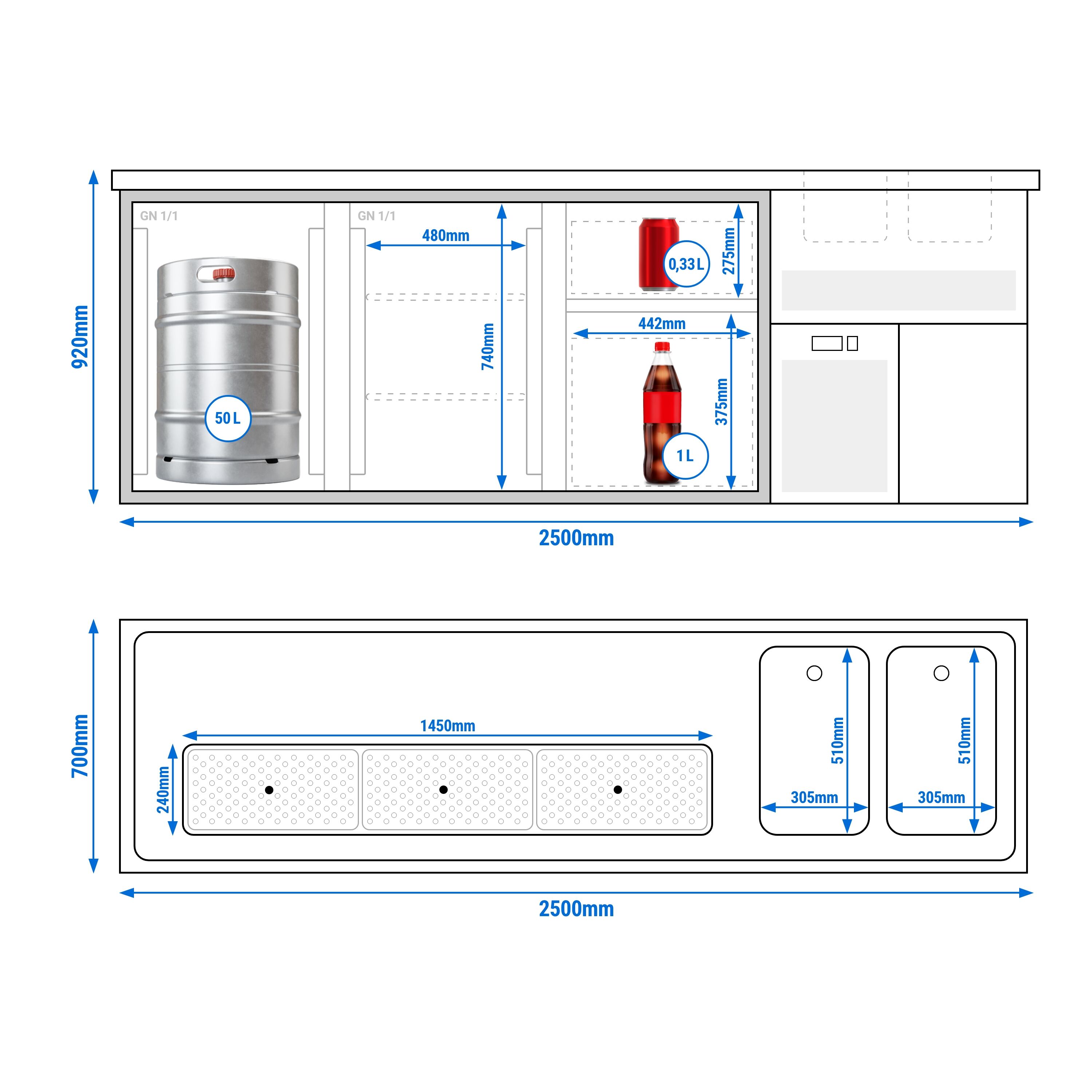 Comptoir de bar réfrigéré Premium PLUS - 2500x700mm - 2 portes & 2 tiroirs